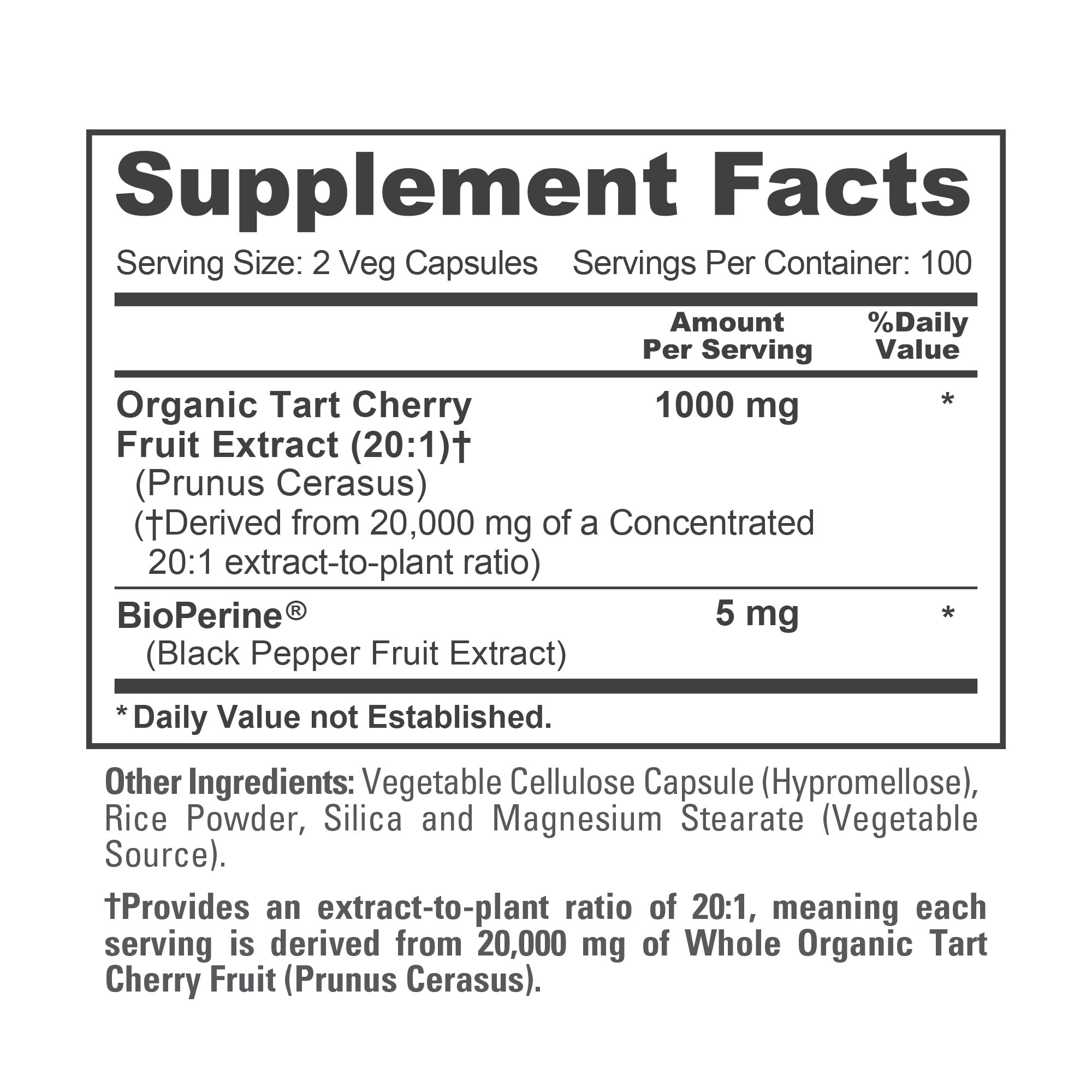 NusaPure Organic Tart Cherry 20:1 Extract, 1000 mg Equivalent to 20,000 mg 200 Veggie Caps (Vegan, Non-GMO) Bioperine NusaPure uk supplements