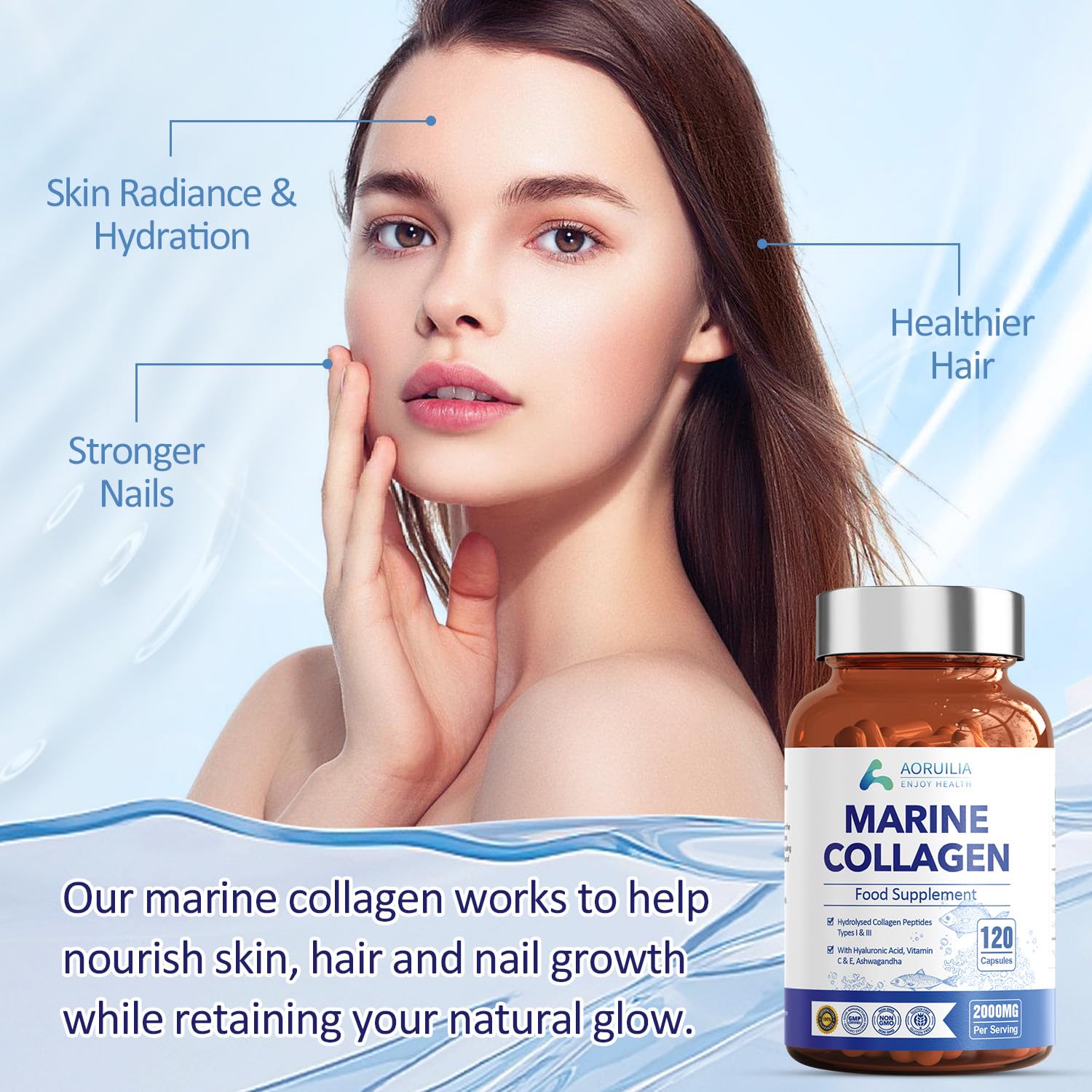 Marine Collagen Supplements for Women Men 2000mg 120 Capsules Hyaluronic Acid, Vitamin C, Vitamin E, & Ashwagandha Aoruilia uk supplements