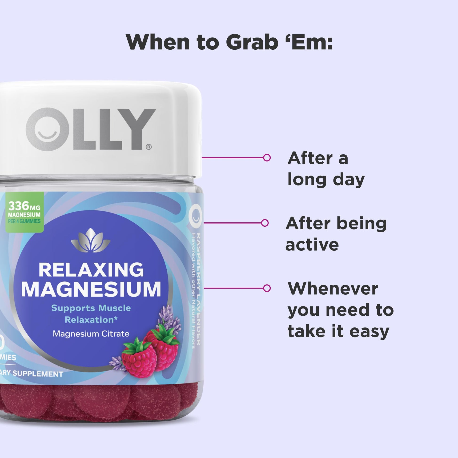 OLLY Relaxing Magnesium Gummies, Supports Muscle Relaxation*, Magnesium Citrate, Raspberry Lavender Flavor, 15 Day Supply - 60 Count OLLY uk supplements