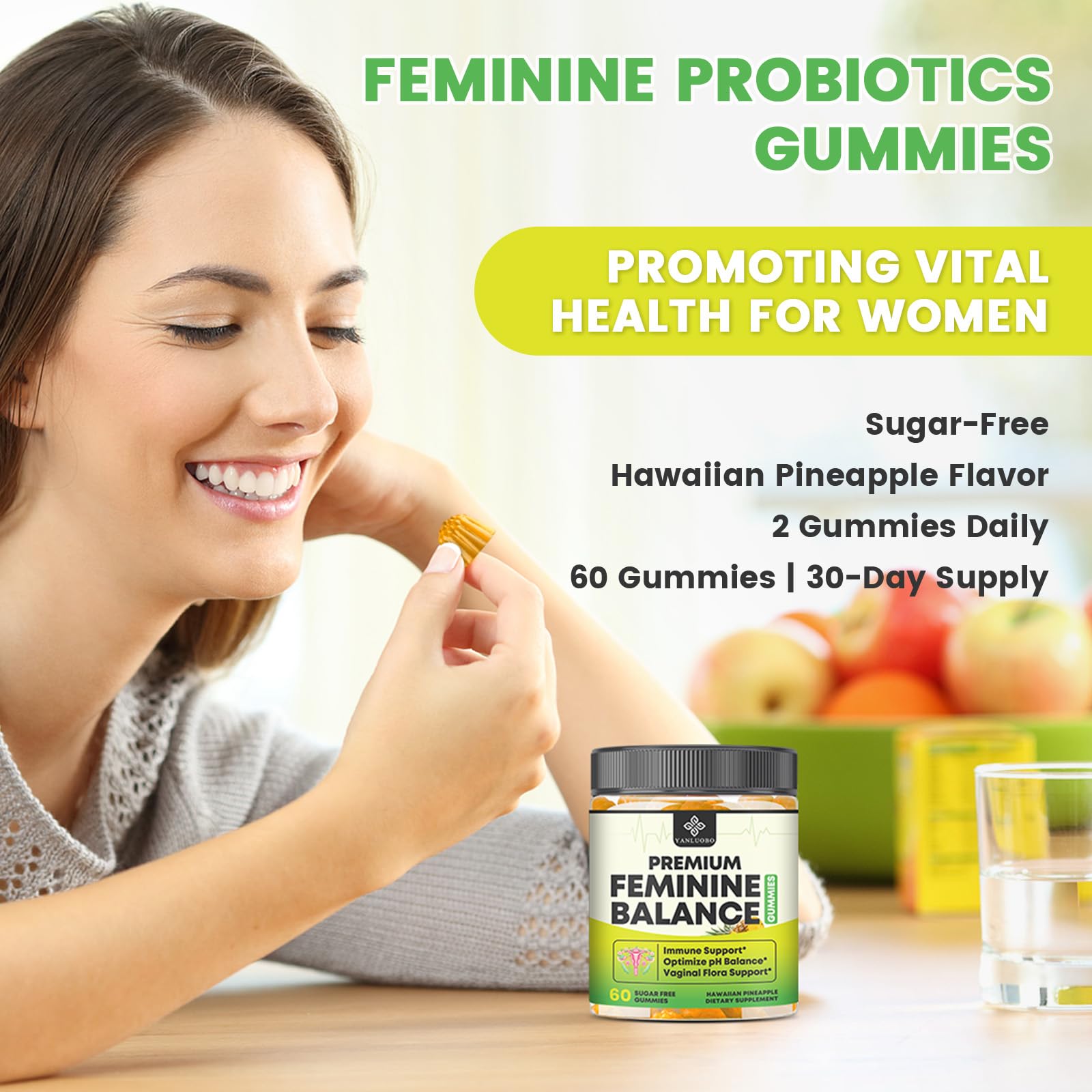 YANLUOBO Feminine Balance Probiotic Gummies - Women's Vaginal Health Support | PH Balance & Odor, Flora, Immune Support | Probiotics for Women, Vegan Pineapple Flavor, 60 Count YANLUOBO uk supplements