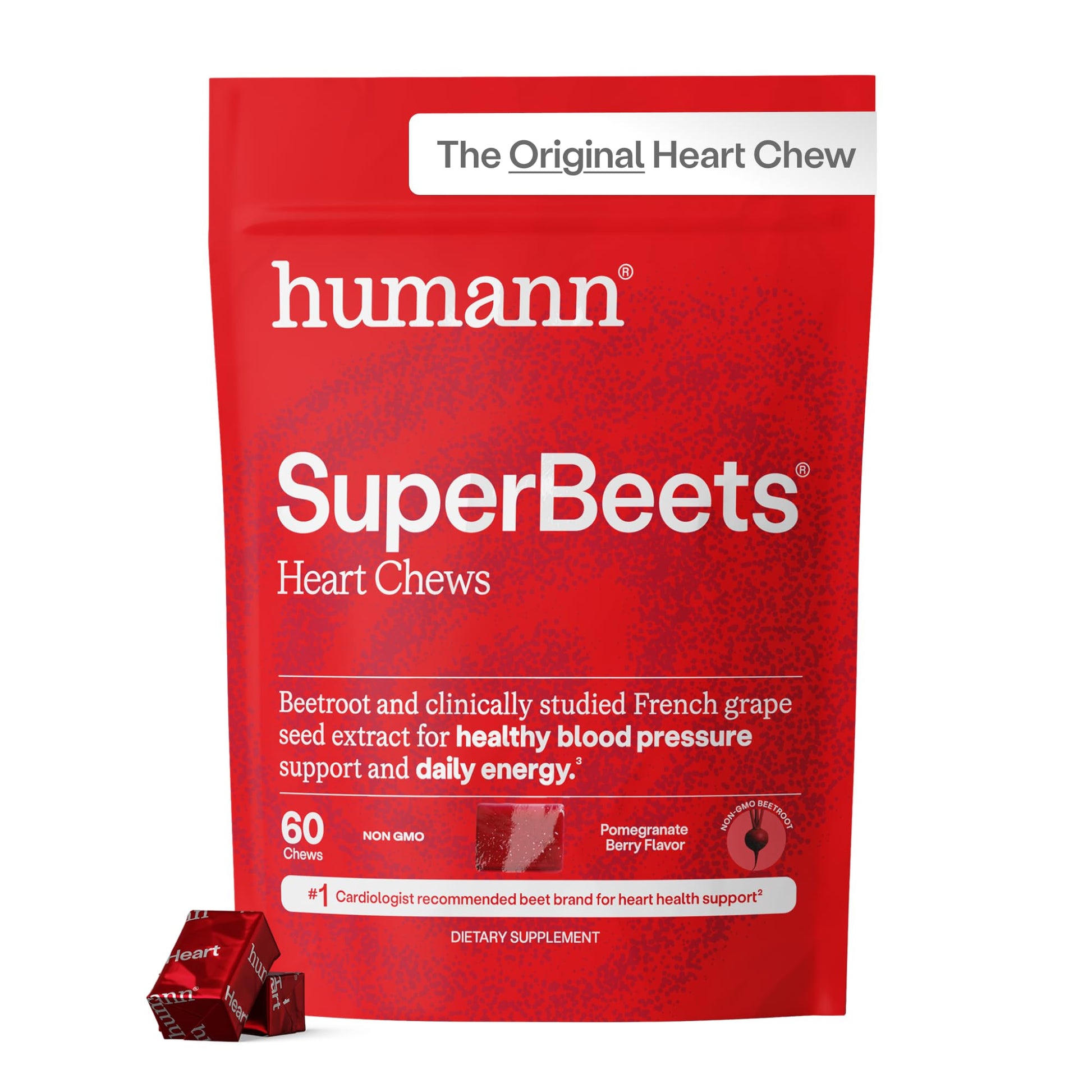 Humann SuperBeets Heart Chews, Beet Root Powder Support Energy Supplement, Nitric Oxide and Blood Pressure Support, Grape Seed Extract & Non-GMO, Heart Health, Pomegranate Berry Flavor, 60 Count Humann uk supplements