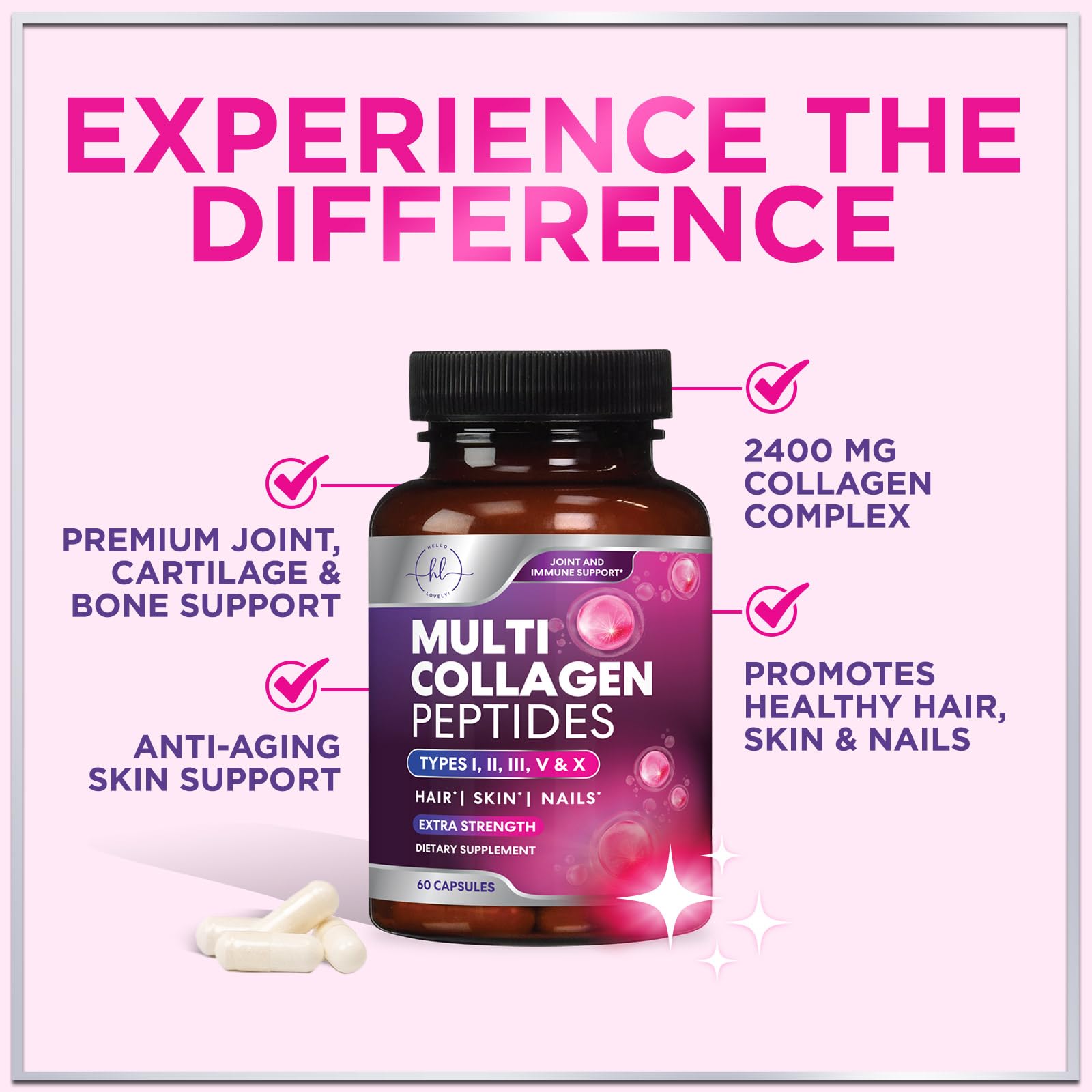 Multi Collagen Supplement 2400 mg - Types I, II, III, V & X Multi Collagen Peptides Pills for Women & Men, Hydrolyzed Collagen Supplements, Hair, Skin, Nail, & Joint Support Supplement, 60 Capsules Hello Lovely! uk supplements