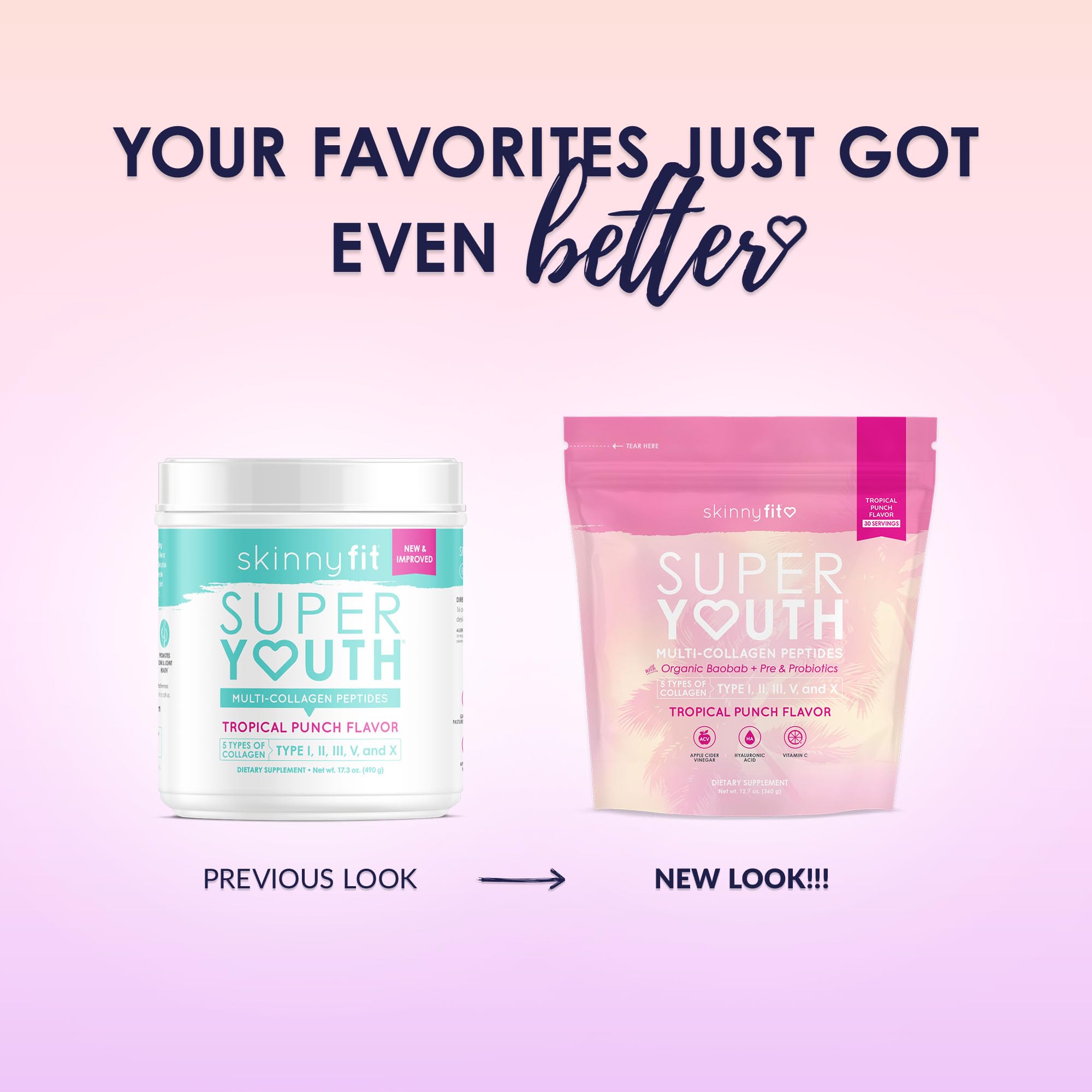 SkinnyFit Super Youth Tropical Punch Multi-Collagen Peptides + Probiotics, Baobab Fiber SkinnyFit uk supplements