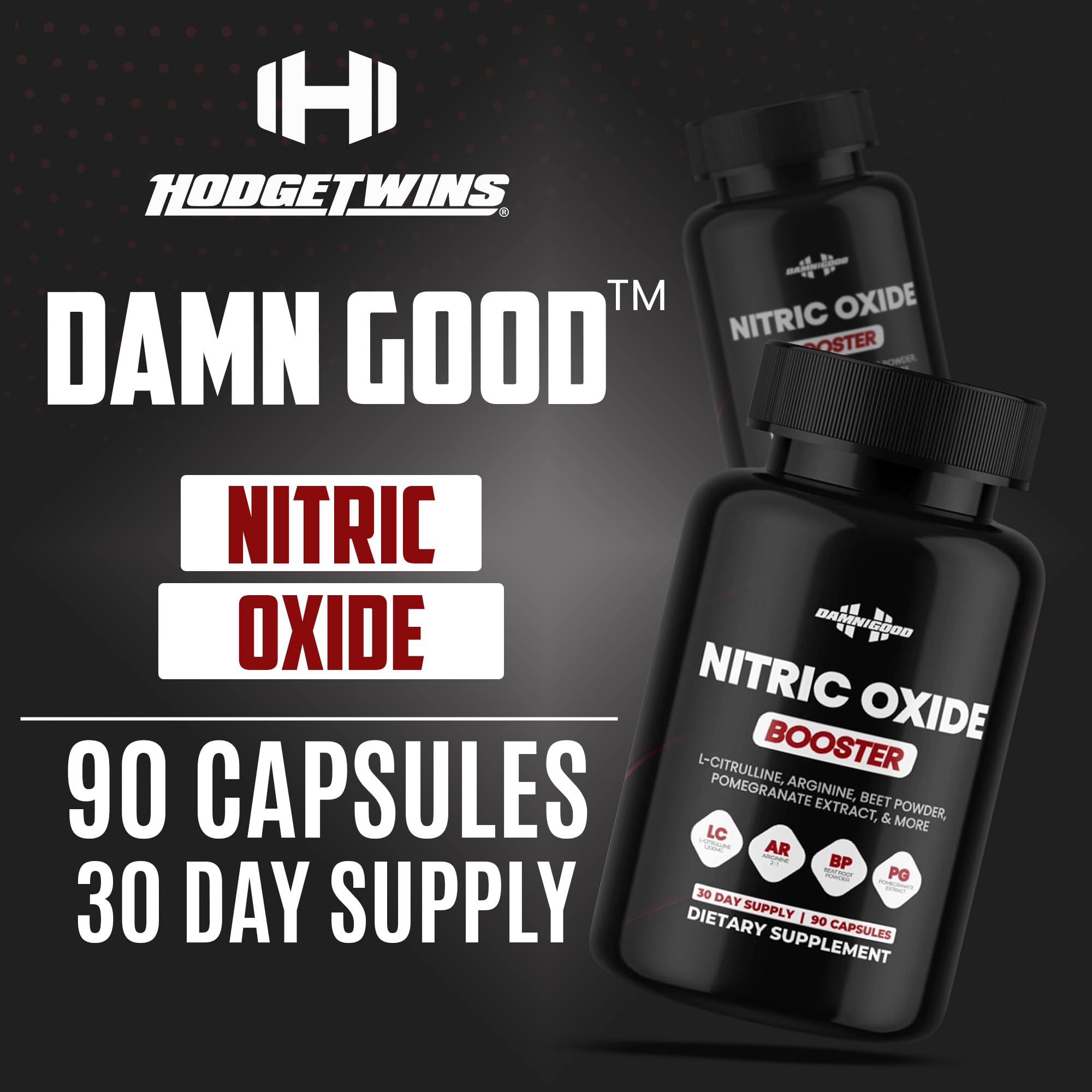 DAMN GOOD The Hodge Twins Nitric Oxide Booster – Beet Root Nitric Oxide & Arginine Citrulline Supplement, Pomegranate Blend for Workout Drive, Endurance Support & Pump Power - 90 Capsules DAMN GOOD uk supplements
