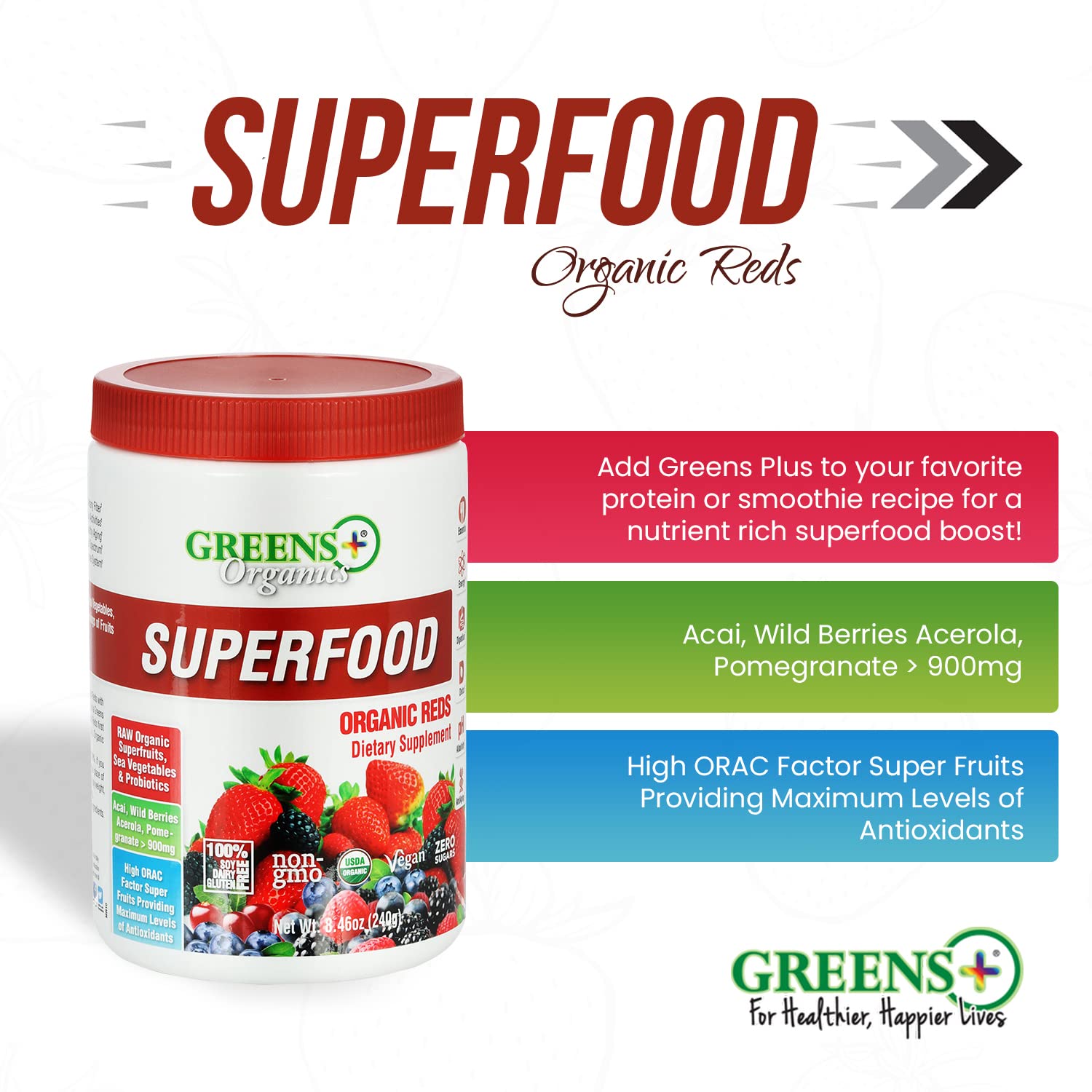 Greens+ Organic Reds Superfood Powder Camu Camu Dietary 400mg Vitamin C SuperFruit Supplement 120 Capsules, 100% Natural, Vitamins & Minerals, Vegan, Soy/Dairy/Gluten Free Greens+ uk supplements