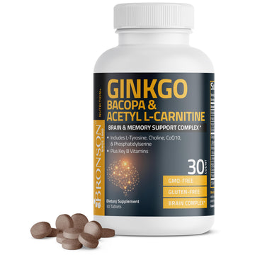Bronson Ginkgo, Bacopa & Acetyl L-Carnitine Brain & Memory Support Complex with L-Tyrosine, Choline, CoQ10 & Phosphatidylserine Plus Key B Vitamins Non-GMO, 30 Tablets Bronson uk supplements