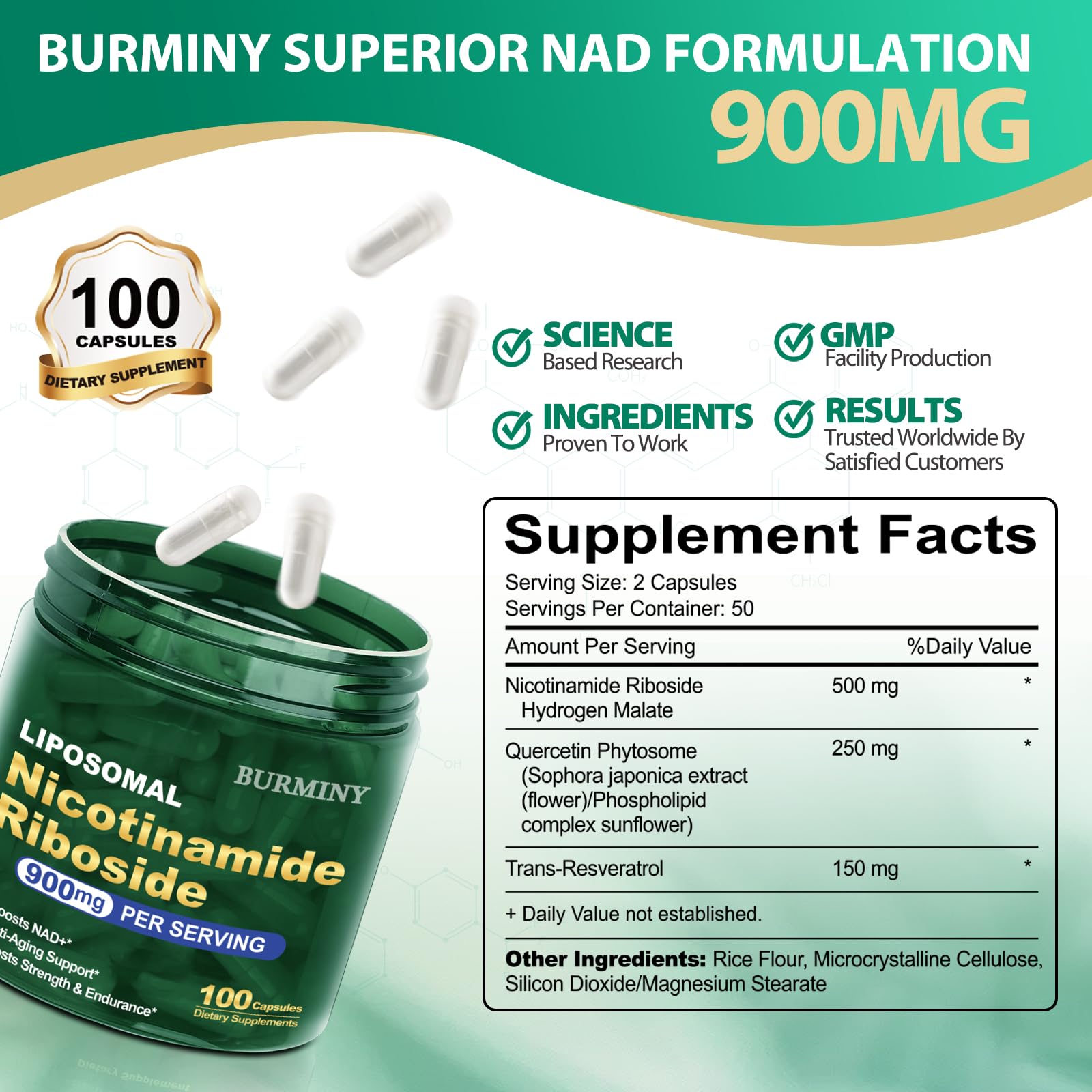 BURMINY NAD Supplement, NAD Nicotinamide Riboside Resveratrol 900mg, Liposomal NAD Supplements for Women & Man, High Purity NMNH Supplement Alternative for Anti-Aging, Energy, Focus - 2Pcs BURMINY uk supplements