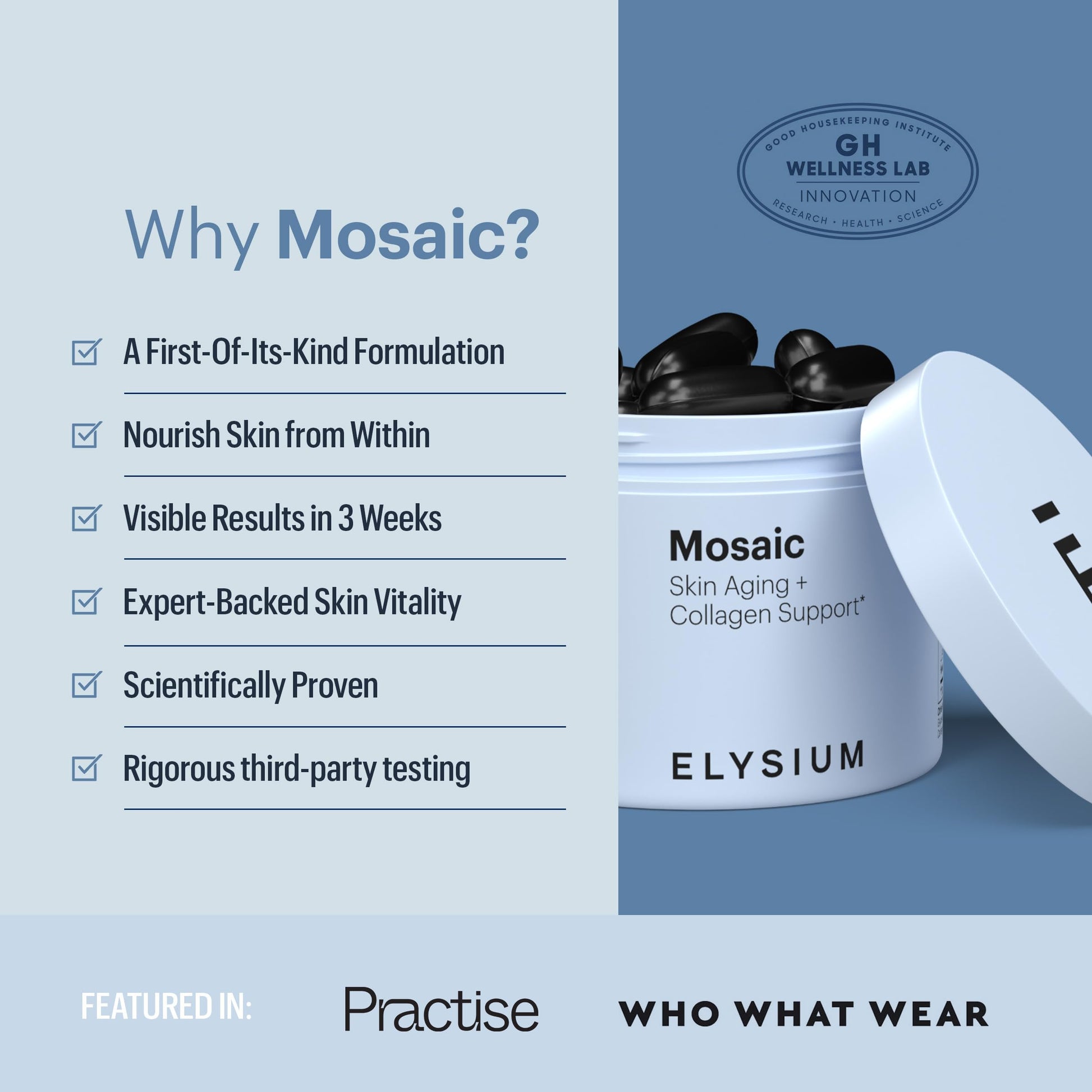 ELYSIUM Mosaic - Hyaluronic Acid Supplement - Clinically Proven - Fights Fine Lines & Skin Aging - Collagen Supplement - 30-Day Supply (Vegan Softgels) ELYSIUM uk supplements