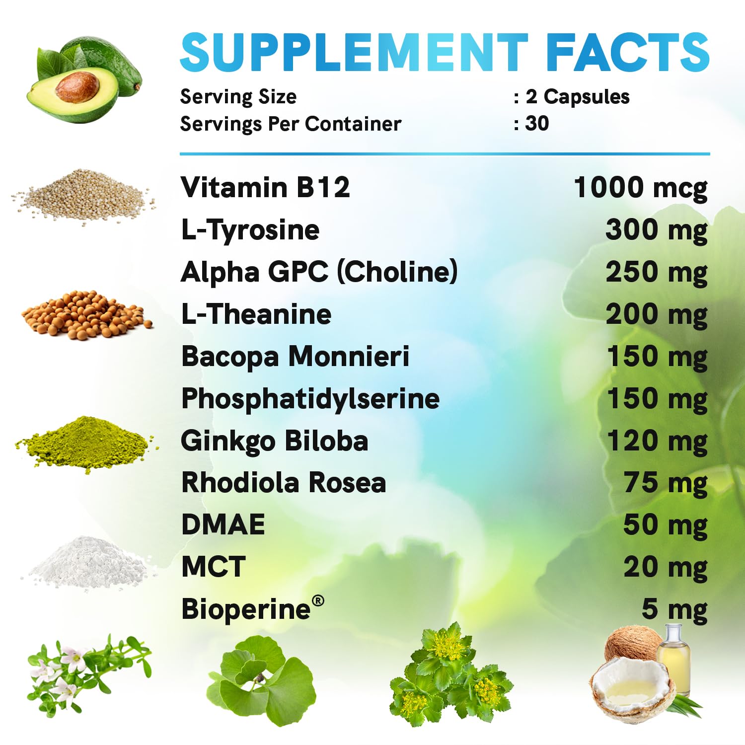 12-in-1 Nootropic Brain Supplement Anhydrous: Ginkgo Biloba for Brain Support, Memory and Focus - B12, Alpha GPC, L Theanine and Choline Supplements with Bioperine non Caffeinated 1321mg (120ct) MEDCHOICE uk supplements