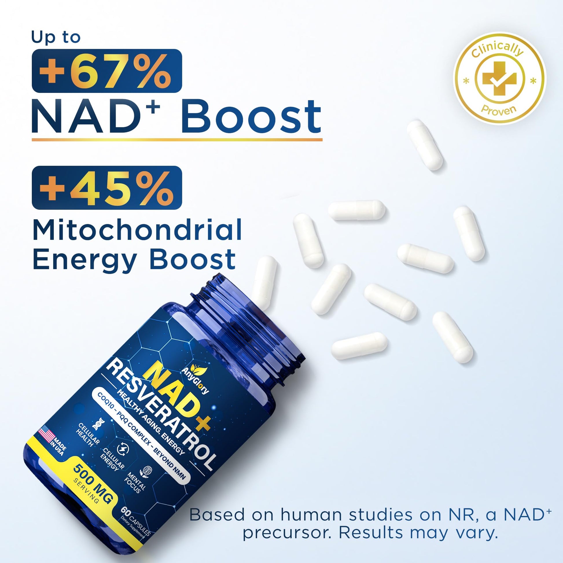 Anyglory NAD+ Supplement with 500mg NR, Resveratrol, CoQ10, PQQ- 5-in-1 NAD Formula |NMN Supplement Alternative|NAD Resveratrol Support Cellular Energy & Healthy Aging-Made in USA-60 Capsules Anyglory uk supplements