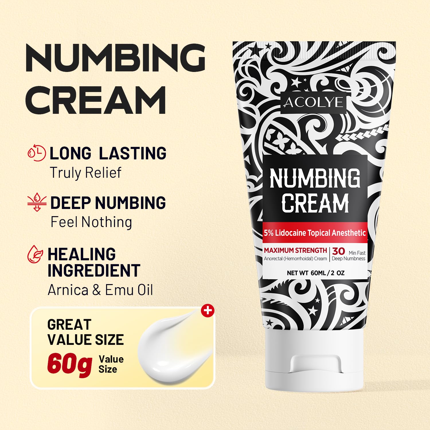Acolye Numbing Cream Maximum Strength : 5% Lidocaine Topical Anesthetic - Extra Strength 5X Numbing with Menthol Arnica and Emu Oi (2 Fl Oz, Mint Flavor) Acolye uk supplements