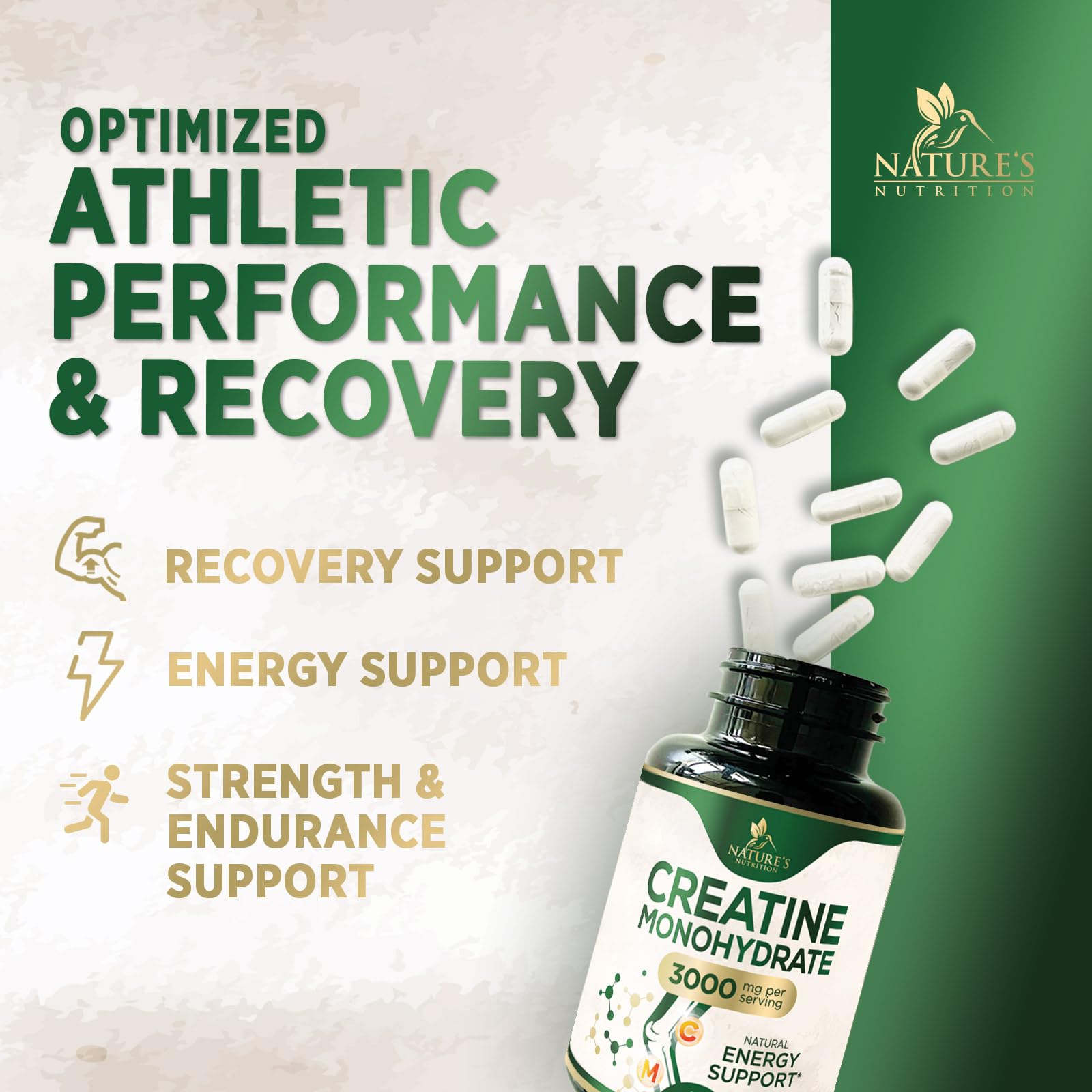 Creatine Monohydrate Capsules 3000mg Per Serving – Micronized Creatine Powder - Supports Lean Muscle, Strength, Energy, & Endurance - Nature's Supplement, Non-GMO, Bottled in USA - 120 Capsules Nature's Nutrition uk supplements