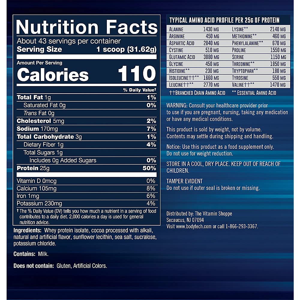 BODYTECH Whey Protein Isolate Powder - Rich Chocolate (3 lbs./43 Servings) BODYTECH uk supplements