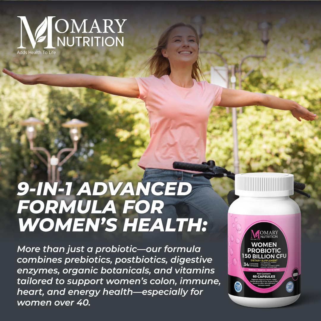 9-in-1 Bio Cultures Complex for Women – 150 Billion CFU Probiotics with 34 Diverse Strains, Organic Prebiotics, Postbiotics, Digestive Enzymes & Biotin – Supports Digestive Balance & Gut Microbiome MOMARY NUTRITION uk supplements
