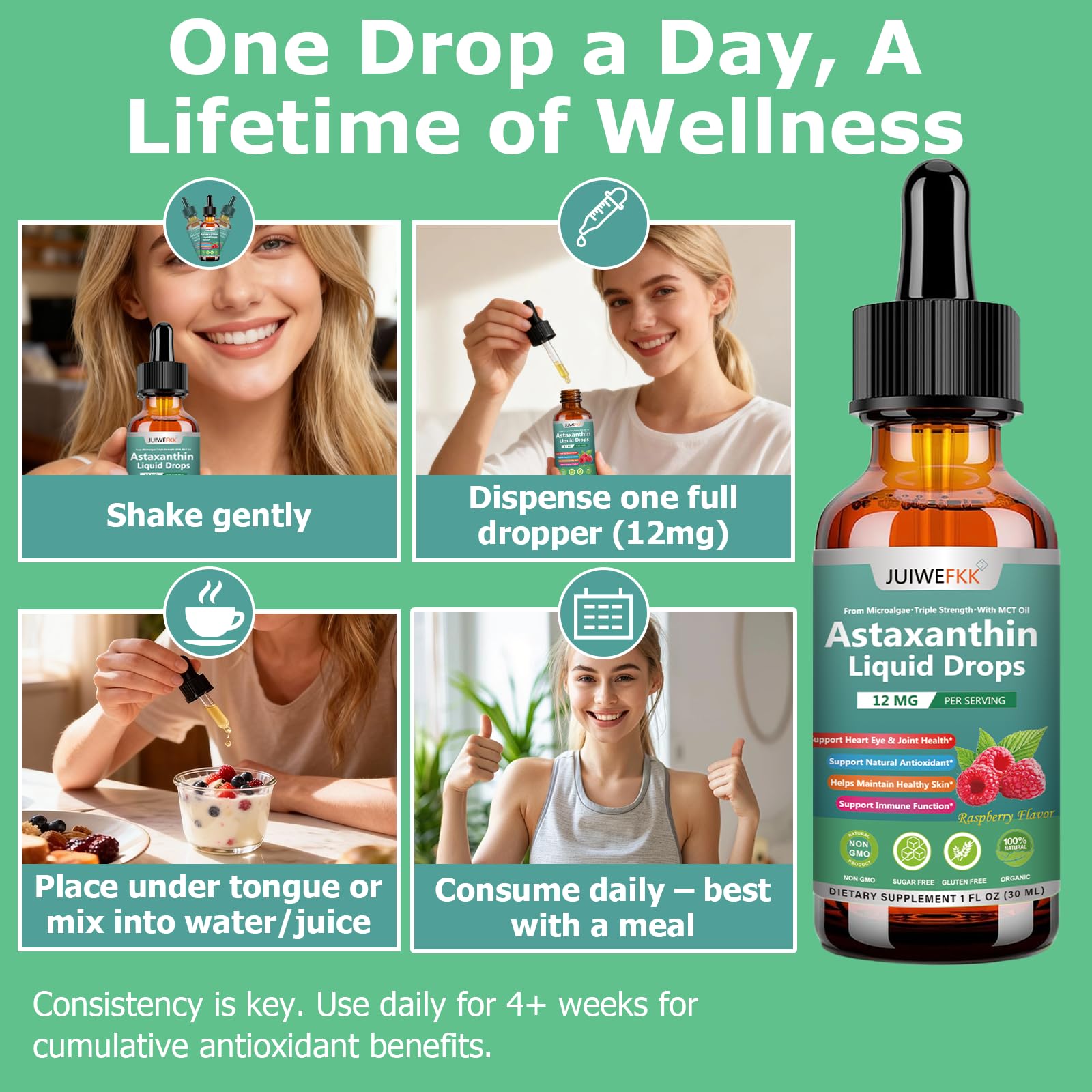 JUIWEFKK Astaxanthin Supplement 12mg Liquid Drops, Premium Natural Astaxanthin Antioxidant from Fresh Microalgae Source w. Mct Oi for Eye Immune Joint Skin Health, Liquid Formula for Max Absorption JUIWEFKK uk supplements
