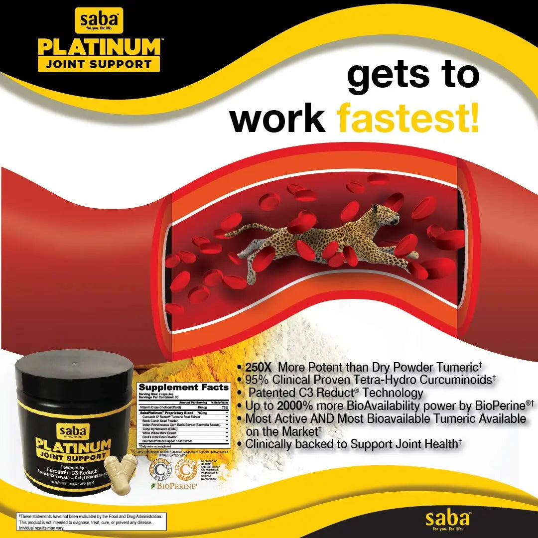 Saba Platinum Joint Support – High Absorption Curcumin C3 Reduct & Boswellia – Fast Acting Turmeric Supplement for Joint Pain Relief, Mobility & Healthy Inflammation Response – 60 Vegan Capsules Saba uk supplements