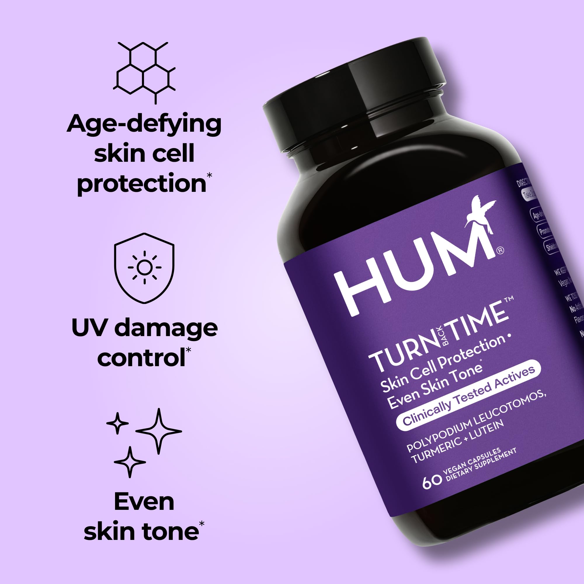 HUM Turn Back Time Turmeric Supplement for Youthful Looking Skin Support with Green Tea Extract, Lutein & Polyphenols, Skin Care Aging & Collagen Support Capsules for Even Tone, 60 Vegan Capsules HUM uk supplements