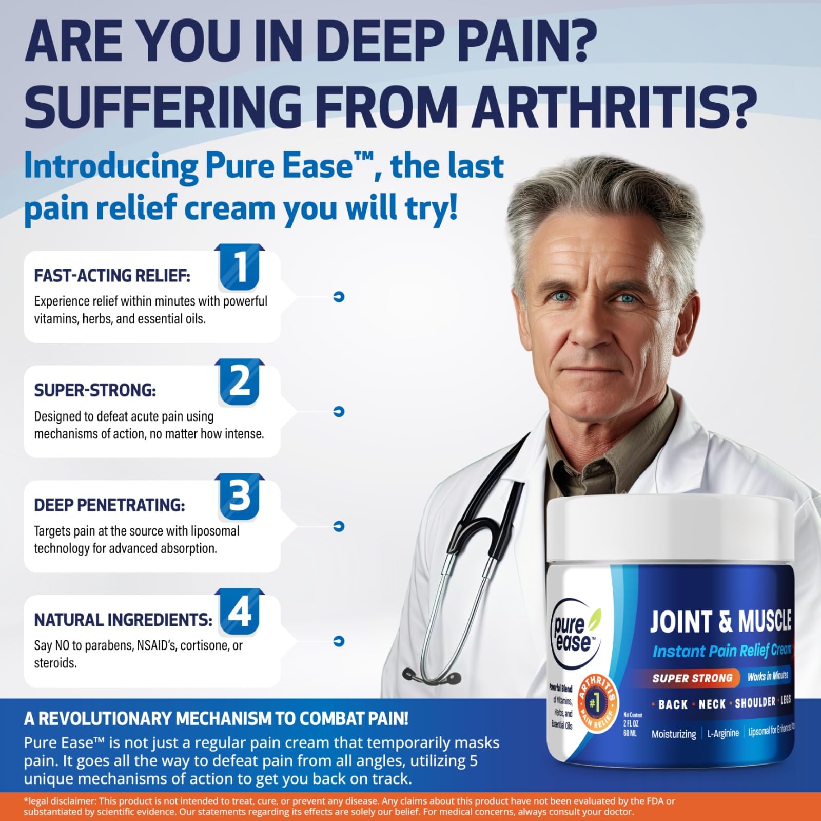 Pure Ease Arthritis Pain Relief Cream for Back 3 in 1 Maximum Instant Relief 2 OZ - Fast-Acting Muscle Pain Cream Extra Strength Joint & Knee - Powerful Formula for Neck Shoulder & Lower Back Pure Ease uk supplements