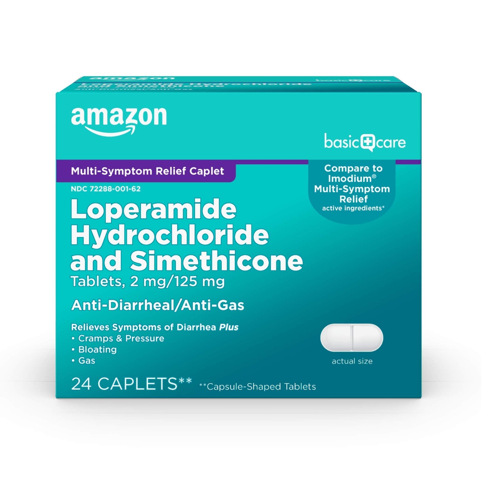 Amazon Basic Care Loperamide Hydrochloride 2 mg and Simethicone 125 mg Tablets, Multi-Symptom Relief, Anti-Diarrheal, Bloating and Cramps, Gas Relief, 24 Count Amazon Basic Care uk supplements