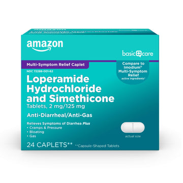 Amazon Basic Care Loperamide Hydrochloride 2 mg and Simethicone 125 mg Tablets, Multi-Symptom Relief, Anti-Diarrheal, Bloating and Cramps, Gas Relief, 24 Count Amazon Basic Care uk supplements