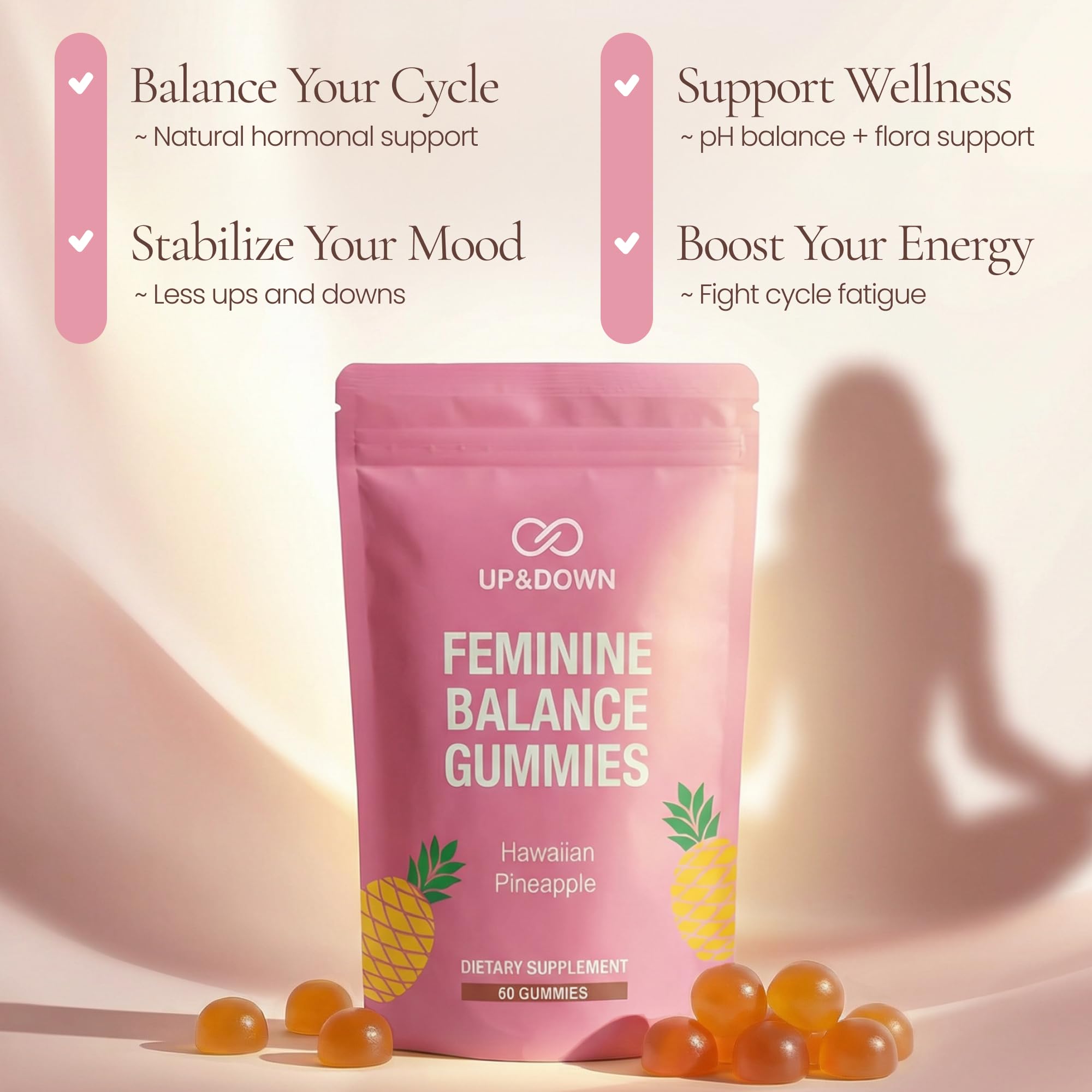 Up&Down Supplements Premium Feminine Balance Gummies for Women | PMS Relief, Mood & Cycle Support | Pineapple + Vitamin C | Ashwagandha & Chasteberry | Vegan, Non-GMO, Gluten Free | 60 Gummies Up&Down Supplements uk supplements