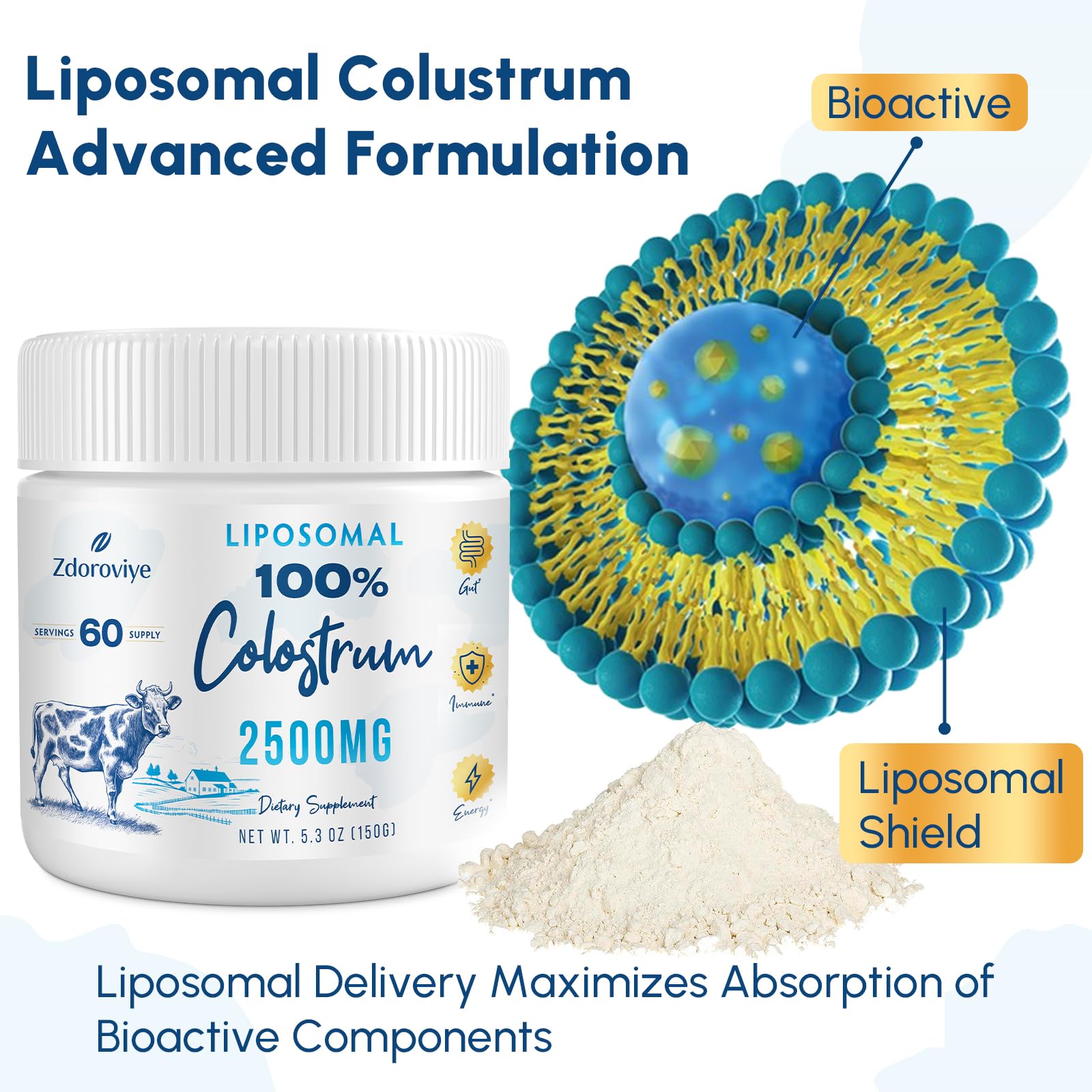 Zdoroviye Liposomal Bovine Colostrum Powder Supplement 2500 mg, Higher Absorption Than Regular Bovine Colostrum (60 Servings) Zdoroviye uk supplements