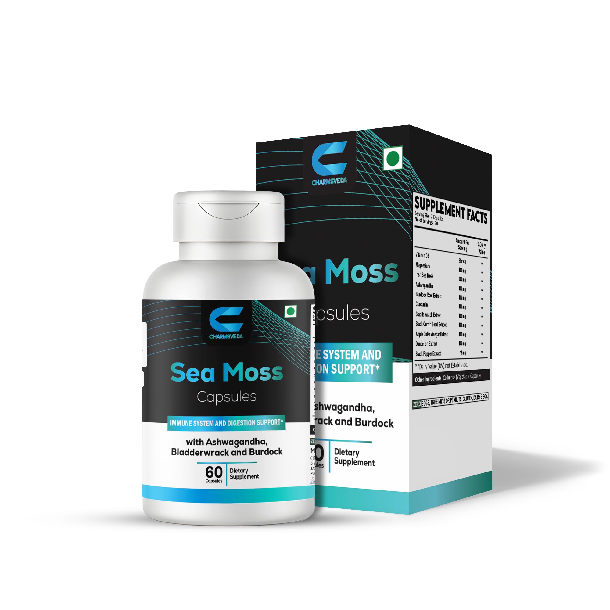 CHARMSVEDA Sea Moss Capsules with Ashwagandha, Bladderwrack & Burdock – Overall Wellness & Immune Support, Support Digestive & Gut Health* – 60 Vegan Capsules CHARMSVEDA uk supplements