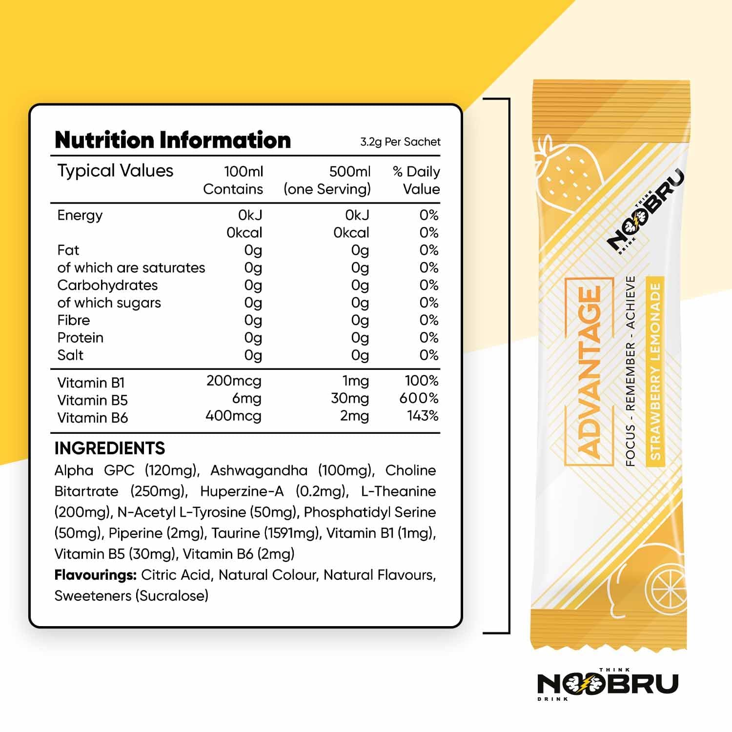 Noobru Аdvantage Nootropic - Delicious Nootropics Brain Supplement with 11 Active Ingredients - Natural Cognitive Enhancer - 20 Strawberry Lemonade Sachets - 1 Month Supply, 20 Count (Pack of 1) Noobru uk supplements