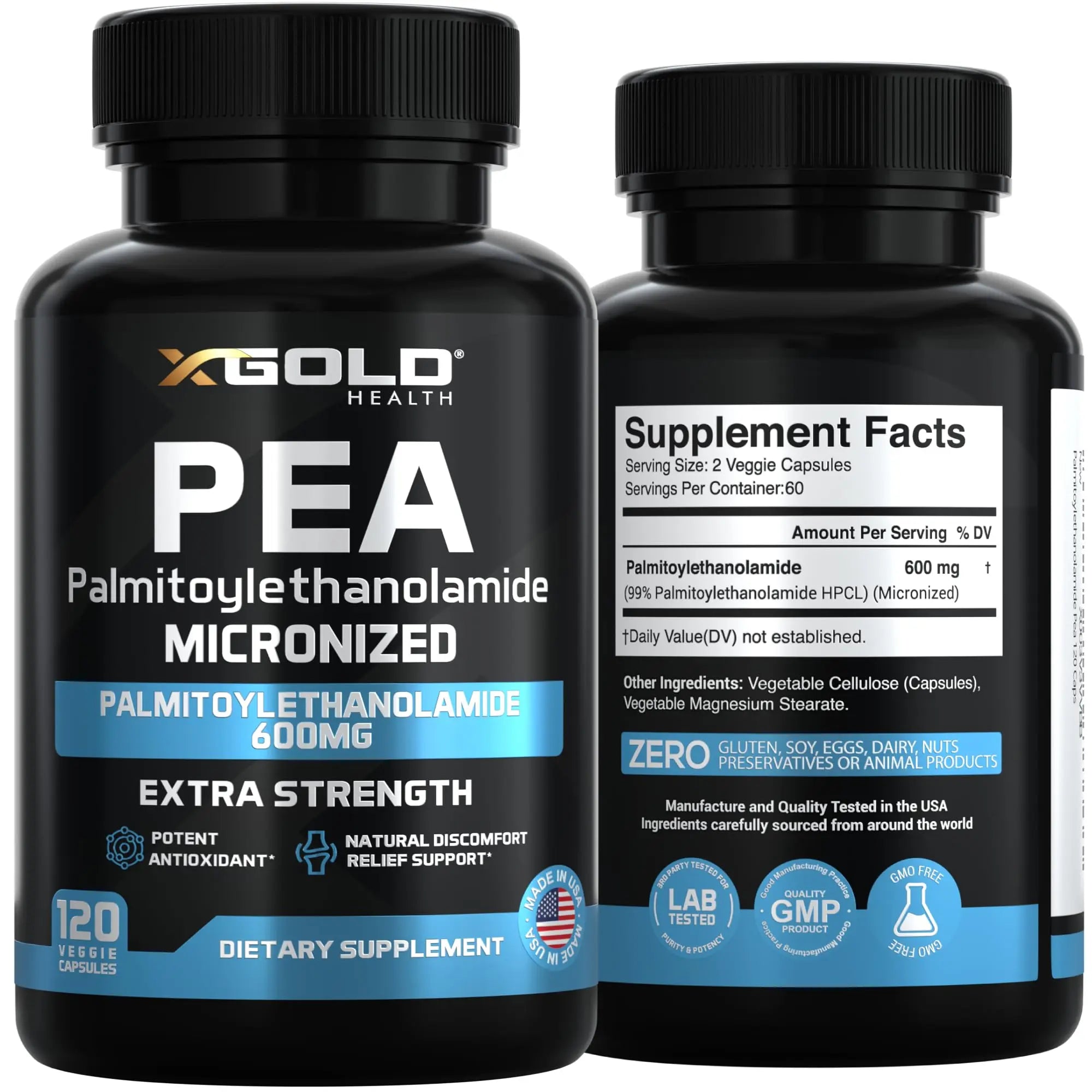 Palmitoylethanolamide Pea Supplement 600 mg | Micronized Pea 99% Highly Purified and Bioavailable | Made in USA | Supplement for Men and Women - 120 Capsules X Gold Health uk supplements