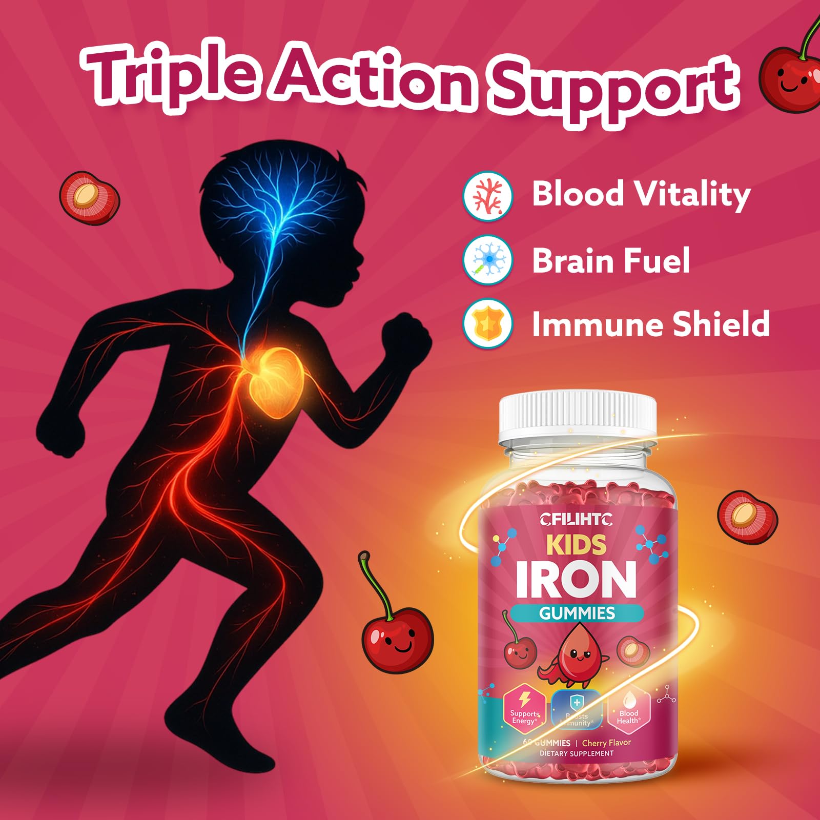 Iron Gummies for Kids & Teens, Kids Multivitamin with Iron Supplement, Calcium, Folate, Zinc, Prebiotic - for Blood Builder & Energy Support, Iron Deficiency - Vegan & Non-GMO - 60 Count Cherry CFILIHTC uk supplements