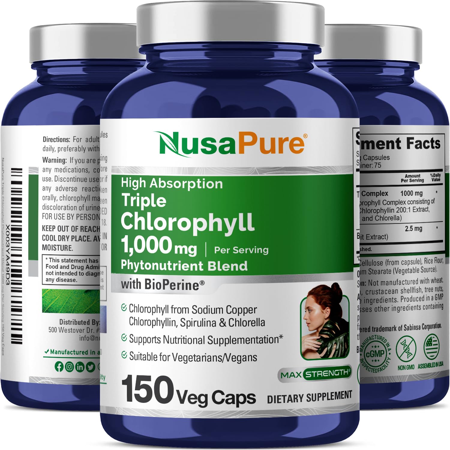 NusaPure High Absorption Triple Chlorophyll 1000 mg 150 Veg Caps Suitable for Vegetarians and Vegans, Non-GMO NusaPure uk supplements