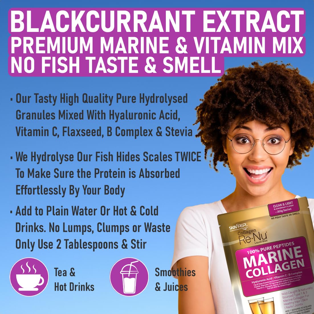 Premium Hydrolysed Marine Collagen Peptide Powder + VIT C, B Complex Hyaluronic Acid, & Stevia. Delicious Taste/No Fishy Smell - SkinPep® Collagen Re-Nu 300g - 30 Days Supply SkinPep uk supplements