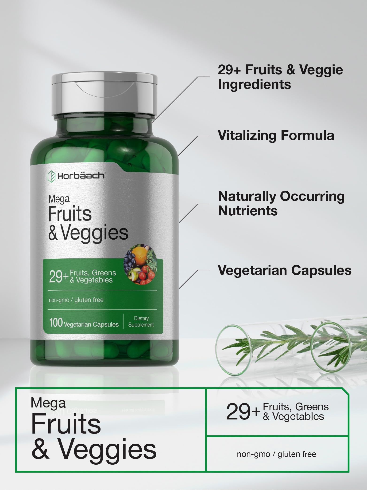 Horbäach Mega Fruits and Veggies Supplement | 100 Capsules | Vegetarian, Non-GMO and Gluten Free Horbäach uk supplements