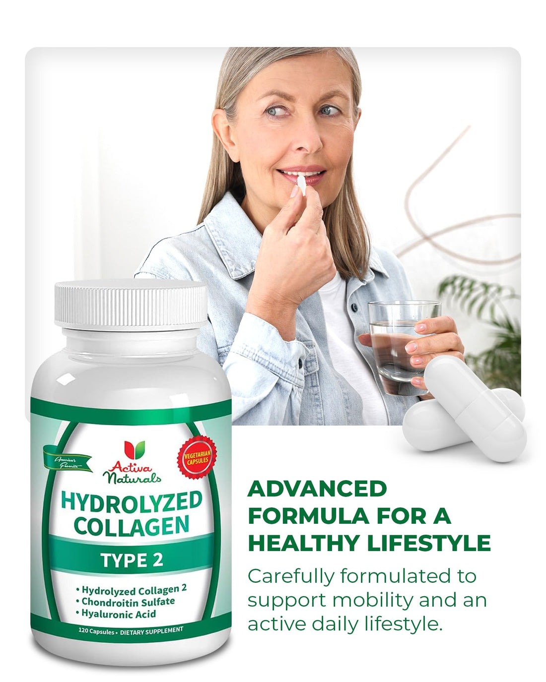 Activa Naturals Collagen Type 2 Hydrolyzed Supplement with Chondroitin and Hyaluronic, for Healthy Hair, Skin, and Nails, No Fillers, Additives, and No Artificial Colors - 120 Vegetarian Capsules Activa Naturals uk supplements