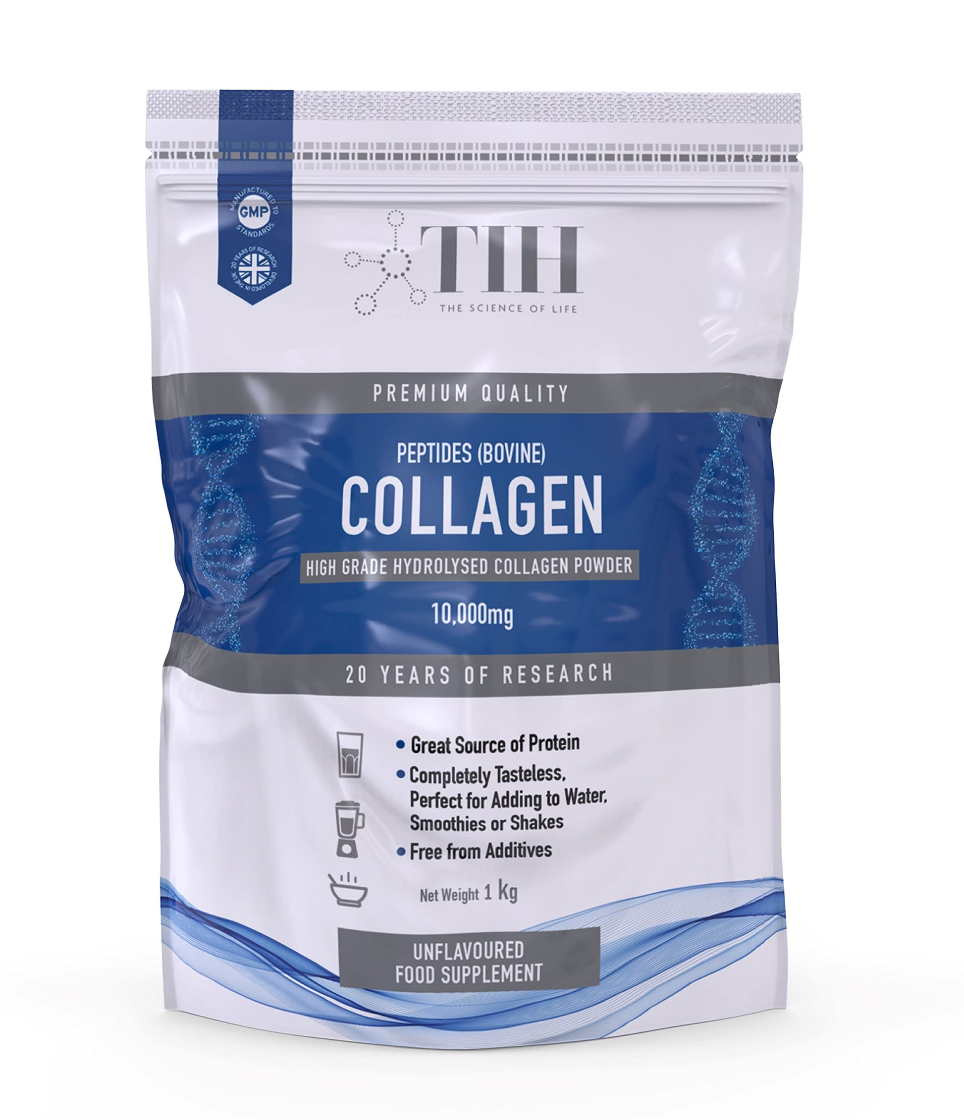 Hydrolysed Collagen Powder (Bovine) - High Protein Grass Fed Unflavoured Peptides The Intelligent Health uk supplements