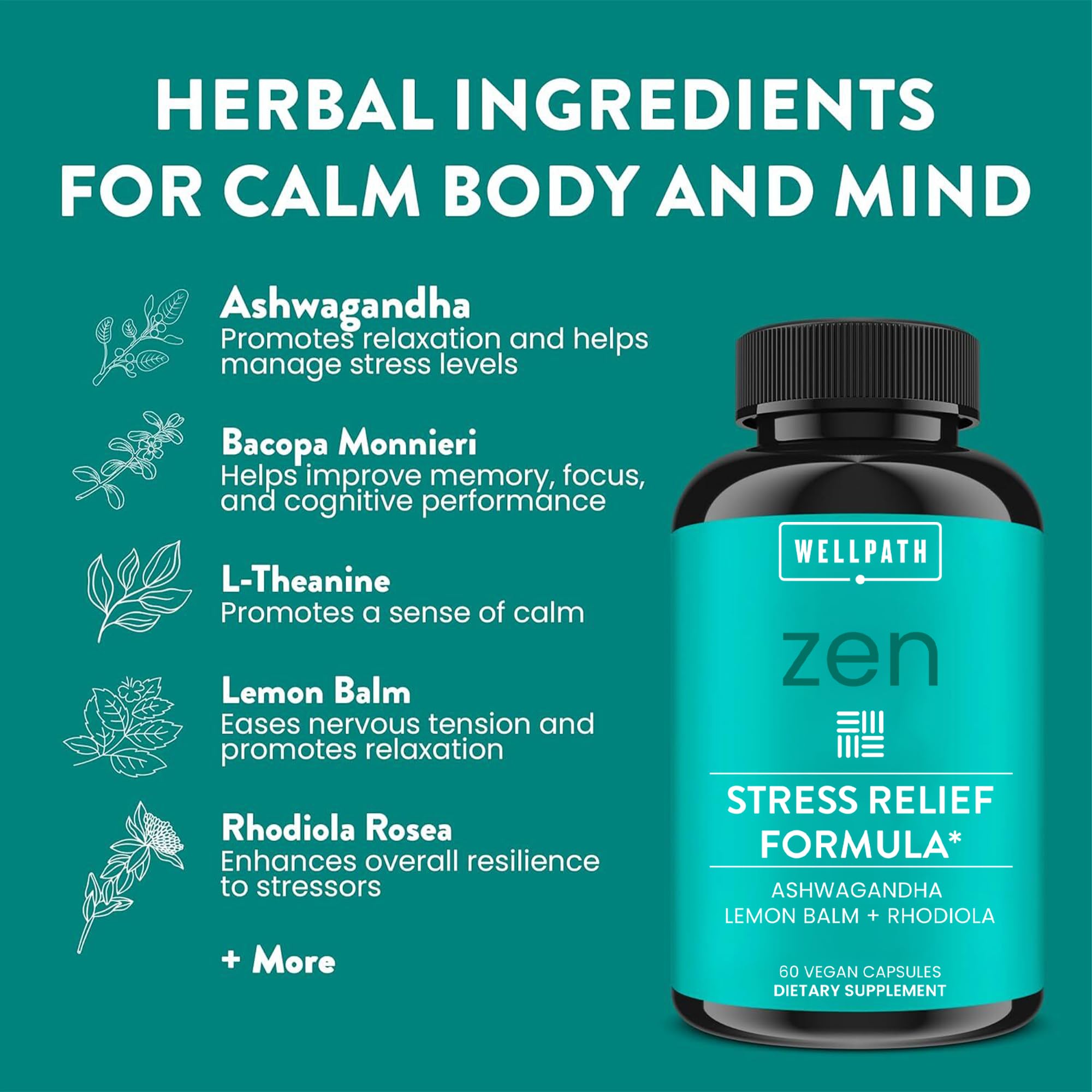 WellPath Zen Stress Relief Supplement + Mood Support | Calm, Stress & Energy Support | Ashwagandha Root, Rhodiola Rosea, L-Theanine, Lemon Balm | Herbal Capsules, 60 Ct WellPath uk supplements