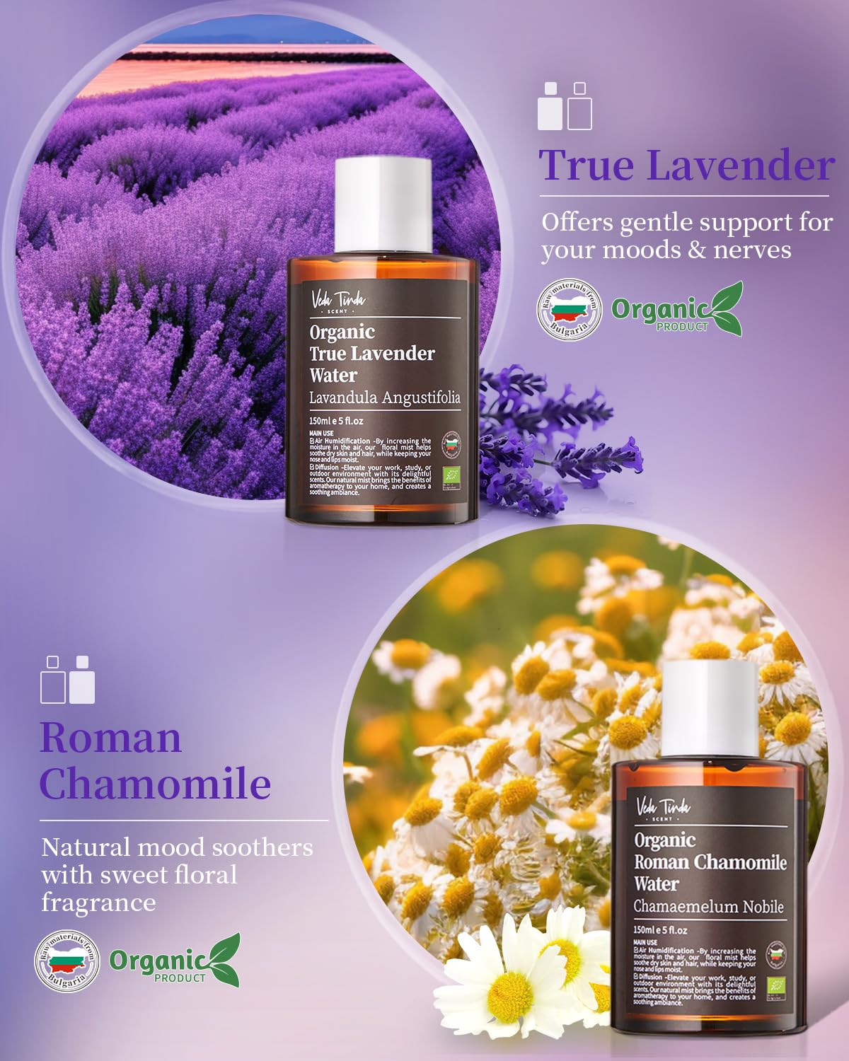 VTS Organic Lavender Water and Roman Chamomile Floral Water with Diffuser, Aromatherapy Air VEDA TINDA SCENT uk supplements