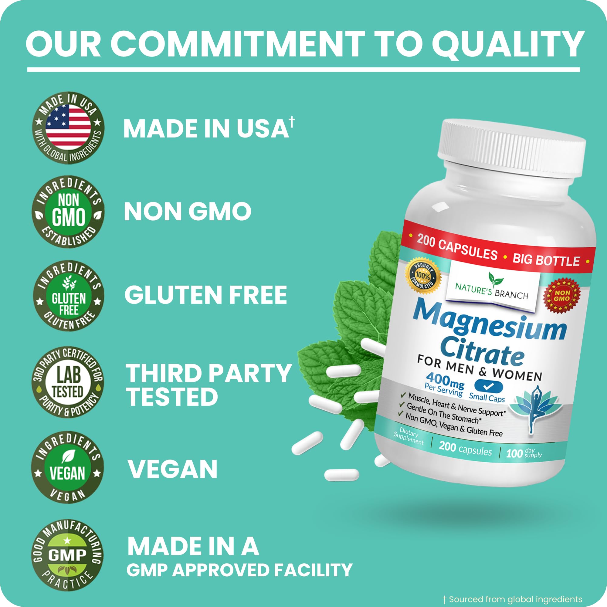 Magnesium Citrate 400mg | 200 Capsules, High Absorption for Sleep, Relax, Leg Cramps, Energy, Extra Strength Easy to Swallow Small Pills for Women & Men, Vegan Supplement for Digestion, Not Tablets NATURE'S BRANCH uk supplements