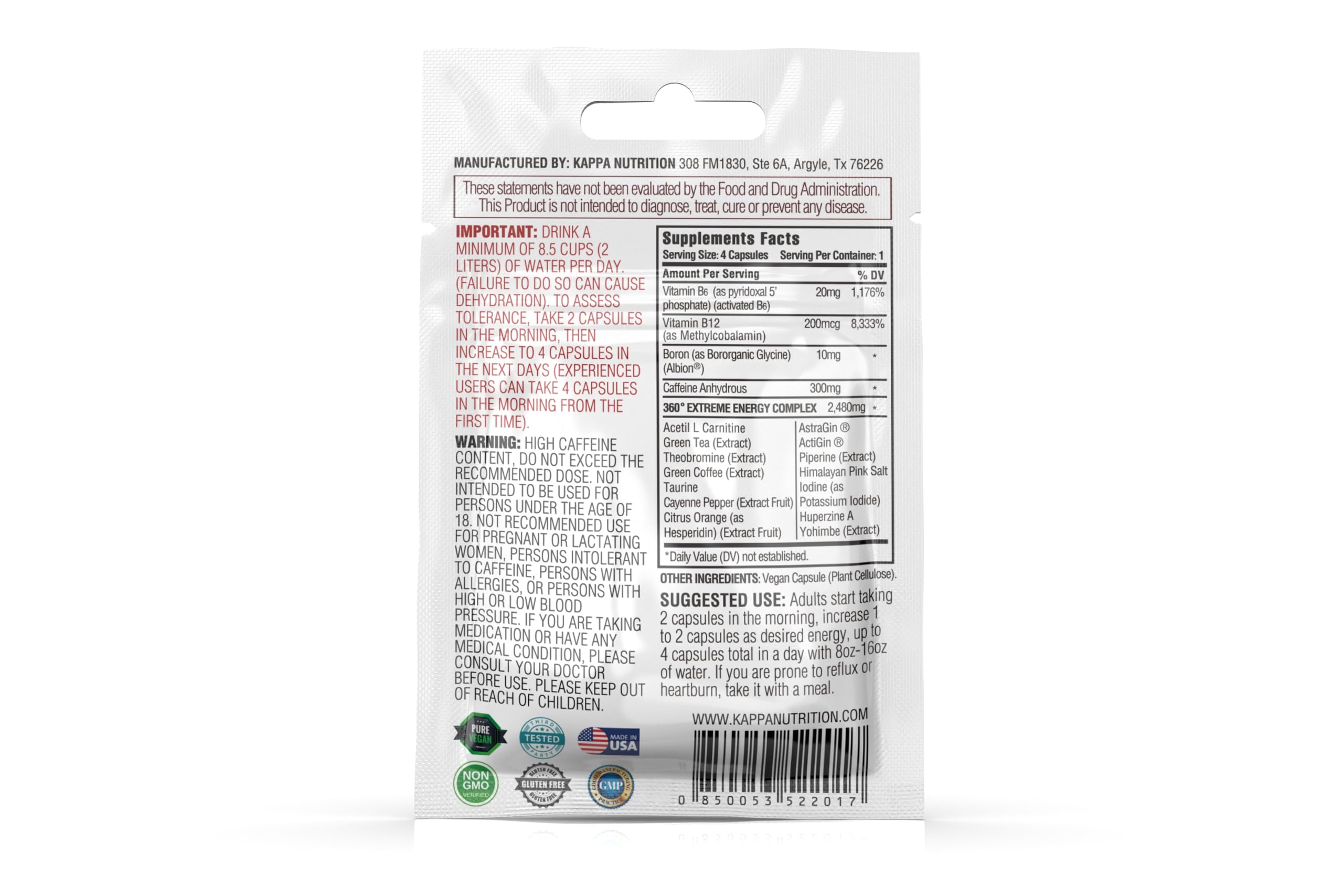 360 Extreme Energy, Memory & Focus (1 Display 20 Sachets (4 Capsules ea) KAPPA NUTRITION uk supplements