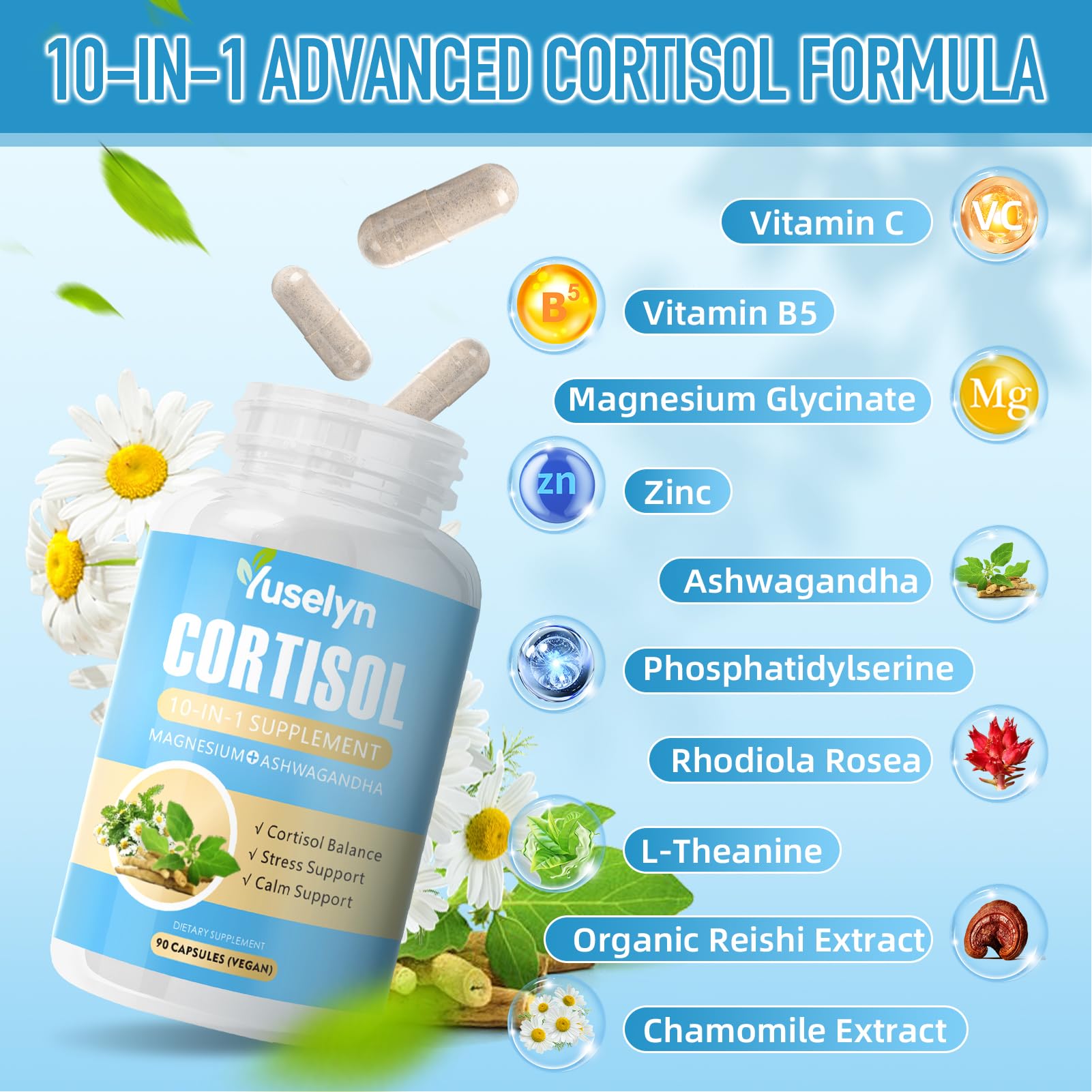 Yuselyn Cortisol Supplements for Women & Men, 10-in-1 Cortisol Detox Manager - High Cortisol Lowering Supplements with Magnesium, Ashwagandha & L-Theanine for Balanced Calm & Stress Relief Yuselyn uk supplements