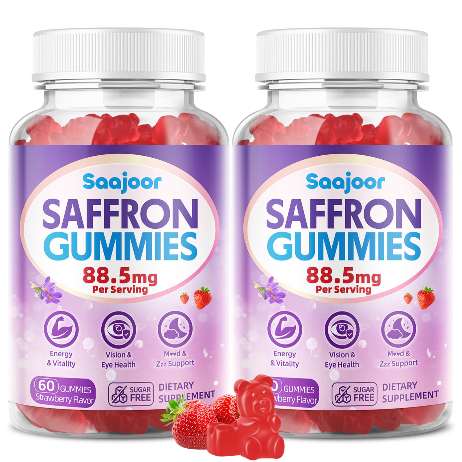 Saffron Gummies for Adult Kids - with Saffron 88.5mg, Vitamins D3 & B6, Magnesium, Zinc, Ashwagandha, L - Theanine, St. John's Wort - Supports Mood & Focus, Strawberry Flavor, 120 Count Saajoor uk supplements
