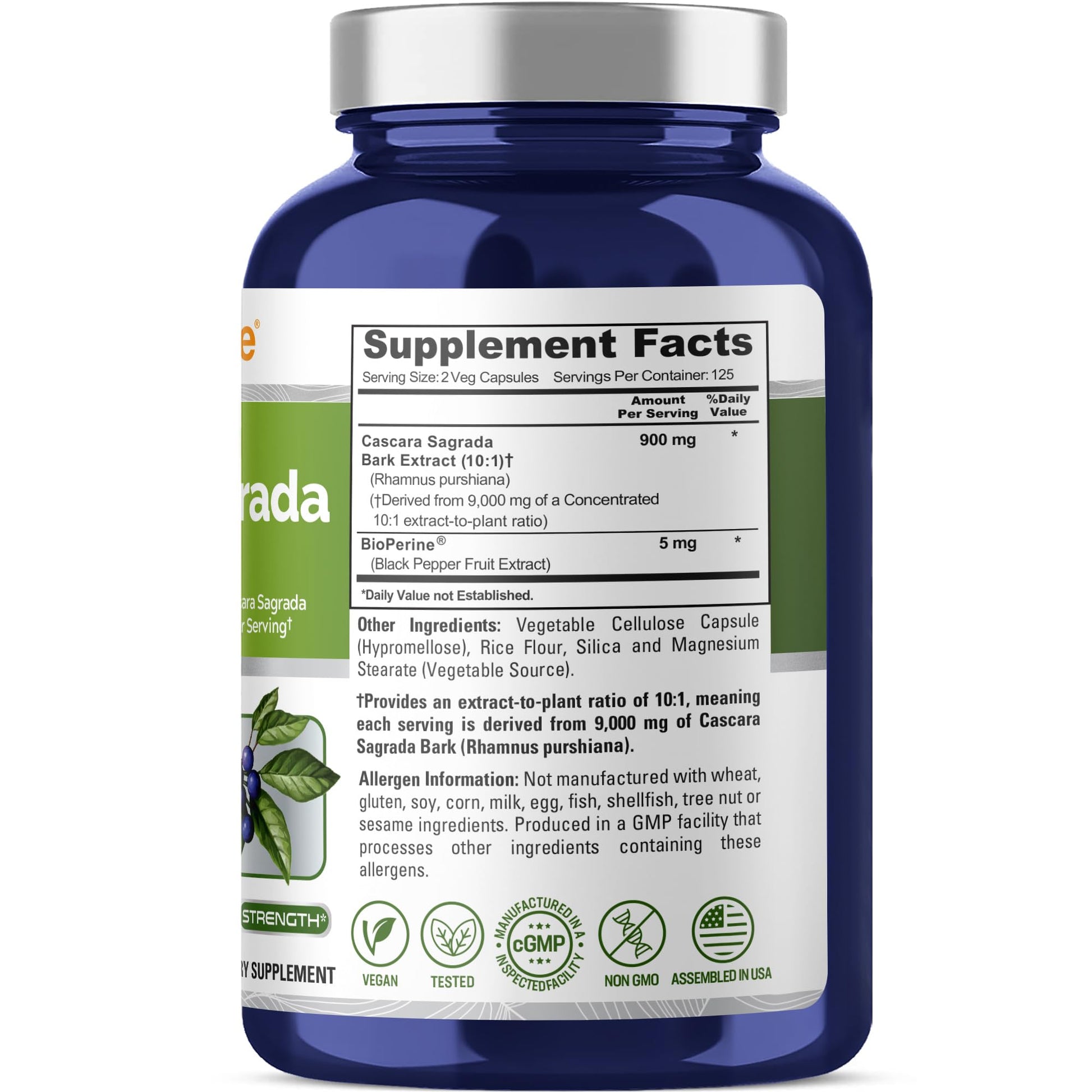 NusaPure Cascara Sagrada 10:1 Extract, 900 mg Equivalent to 9,000 mg per Veggie Caps - 250 Capsules (Non-GMO, Vegan) NusaPure uk supplements