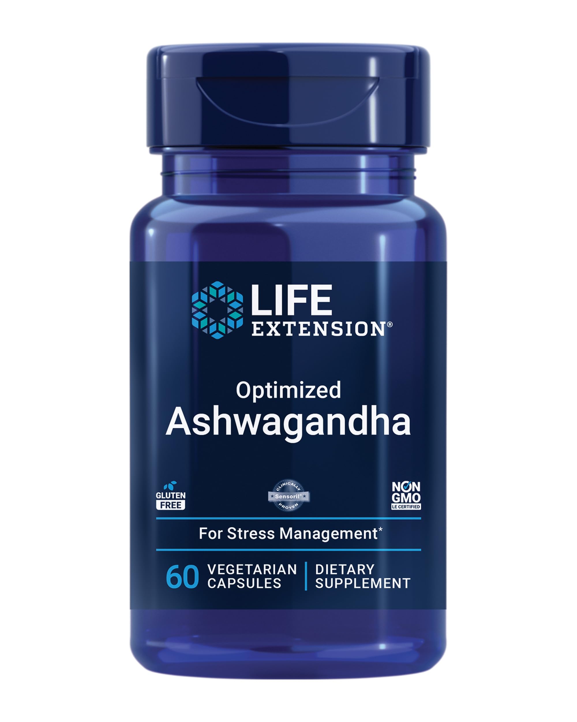 Life Extension Optimized Ashwagandha - Stress Management Supplement for a Healthy Stress Response, Focus, Memory, Stress Relief - Vegetarian, Gluten-Free, Non-GMO, 60 Capsules Life Extension uk supplements