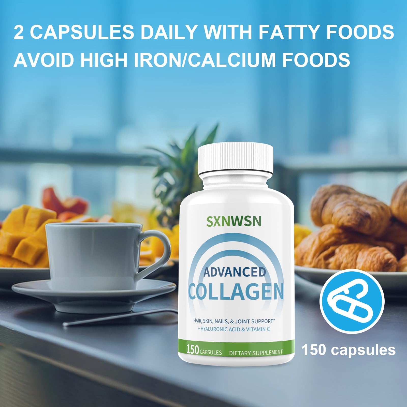 Advanced Multi Collagen Supplement with Vitamin C + Hyaluronic Acid - Hydrolyzed Collagen Peptides Supports for Skin, Joints & Hair* | Collagen Complex 150 Capsules for Women or Men SXNWSN uk supplements