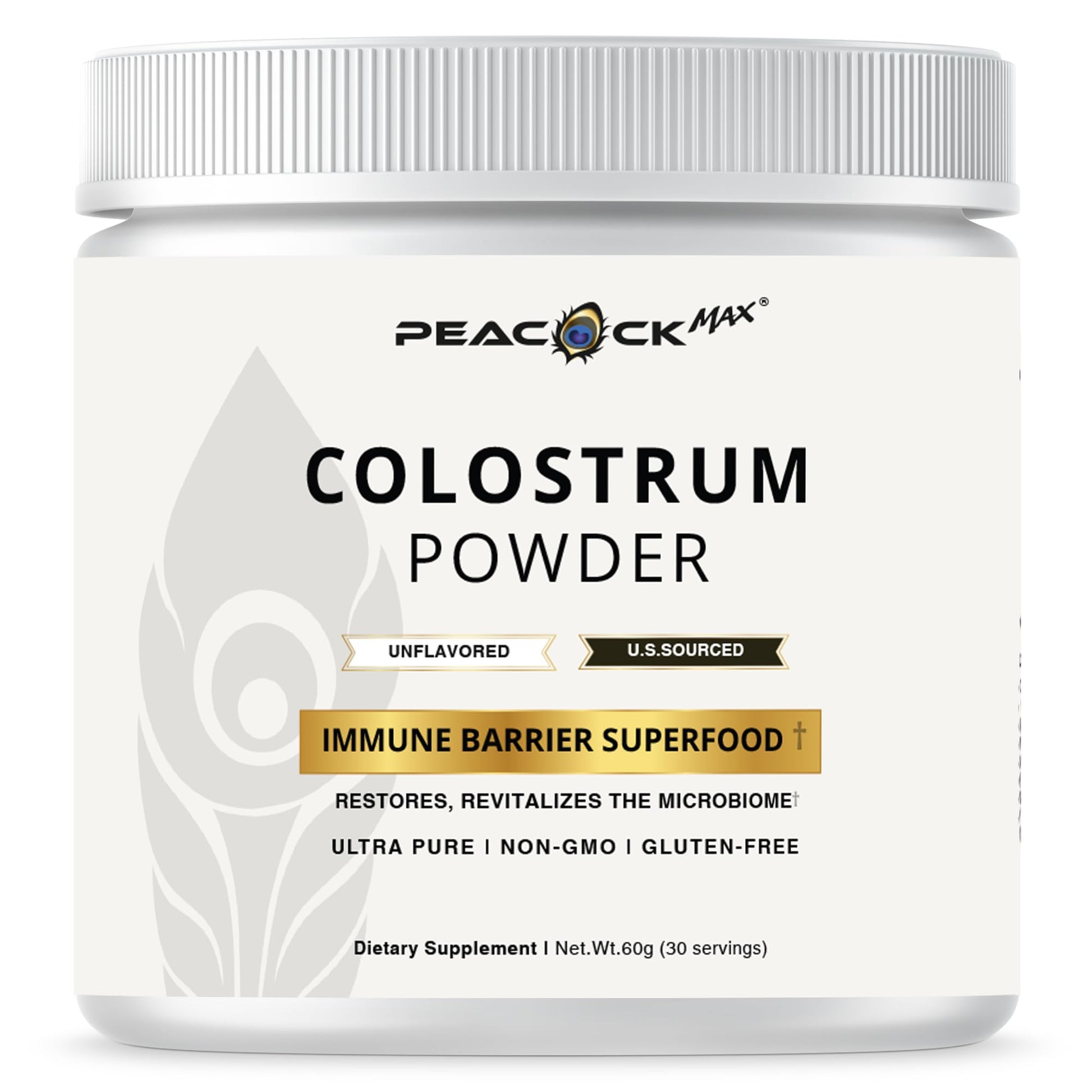Peacock Max Colostrum Powder – 60g (30 Servings), Unflavored Bovine Colostrum Supplement, Superfood for Hair, Skin & Gut Health, Gluten-Free, Non-GMO Peacock Max uk supplements