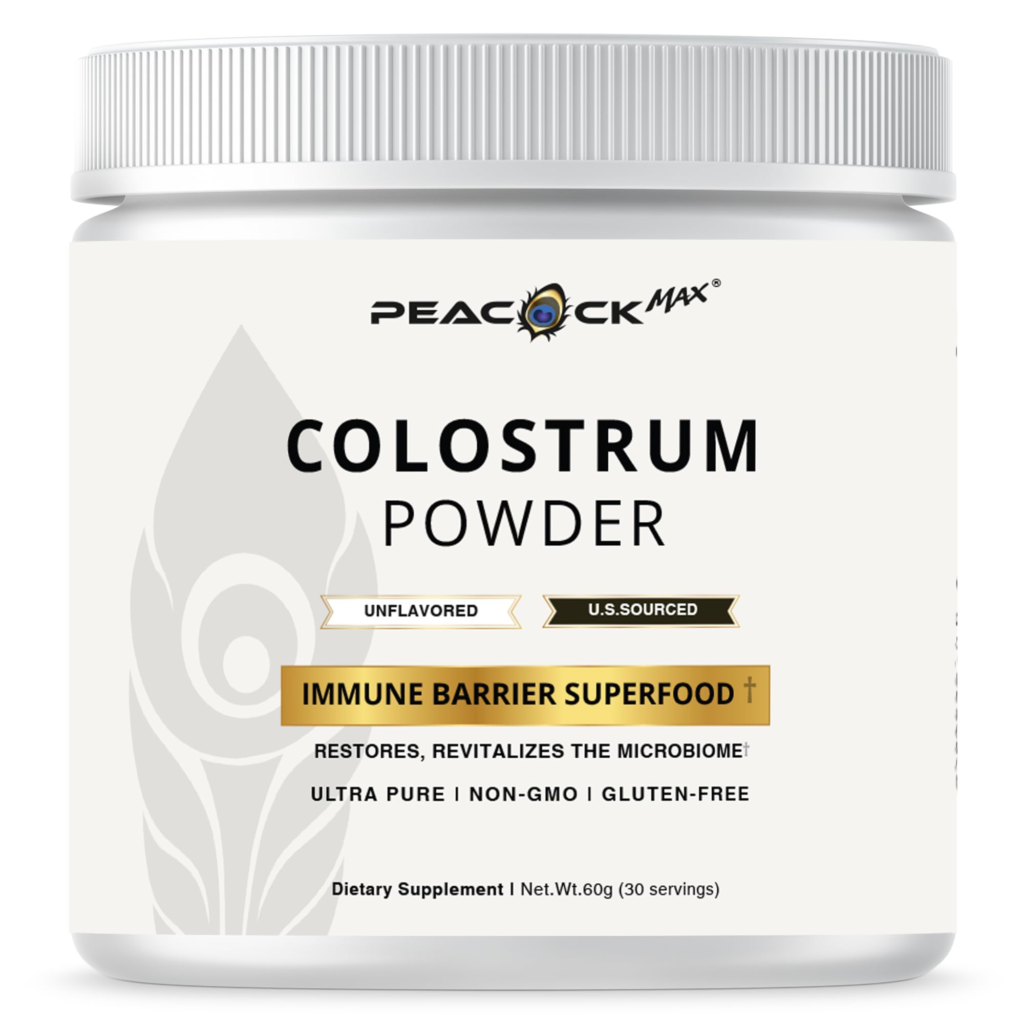 Peacock Max Colostrum Powder – 60g (30 Servings), Unflavored Bovine Colostrum Supplement, Superfood for Hair, Skin & Gut Health, Gluten-Free, Non-GMO Peacock Max uk supplements