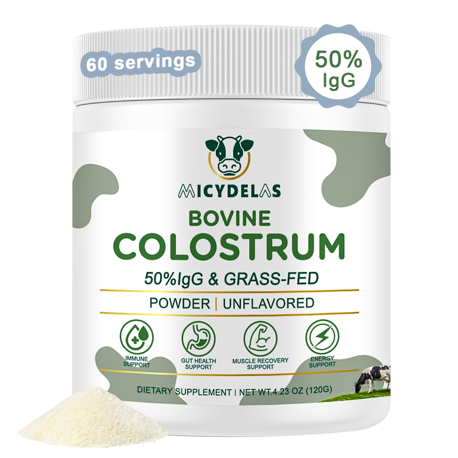 MICYDELAS Bovine Colostrum Supplement Powder 50% IgG Premium Bovine Colostrum for Gut Health Support, Immune Support, Muscle Recovery & Overall Wellness, Grass Fed, Non-GMO, Unflavored, 60 Servings MICYDELAS uk supplements