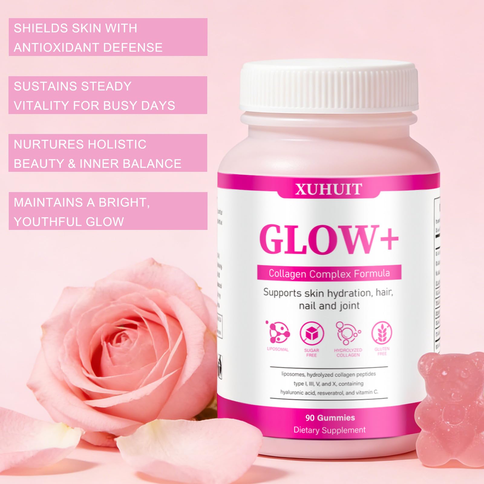 PBZPBZ Glow Collagen Gummies with Hyaluronic Acid & Resveratrol | Gentle Support for Skin, Hair & Nail Care | Non-GMO | 90 Count (1) PBZPBZ uk supplements