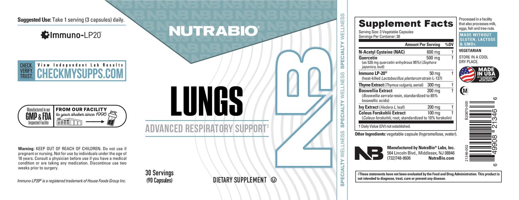 NutraBio Lungs Supplement - Blend of Immuno-LP20 and Natural Extracts to Help Support Respiratory & Immune Health - 90 Capsules NutraBio uk supplements