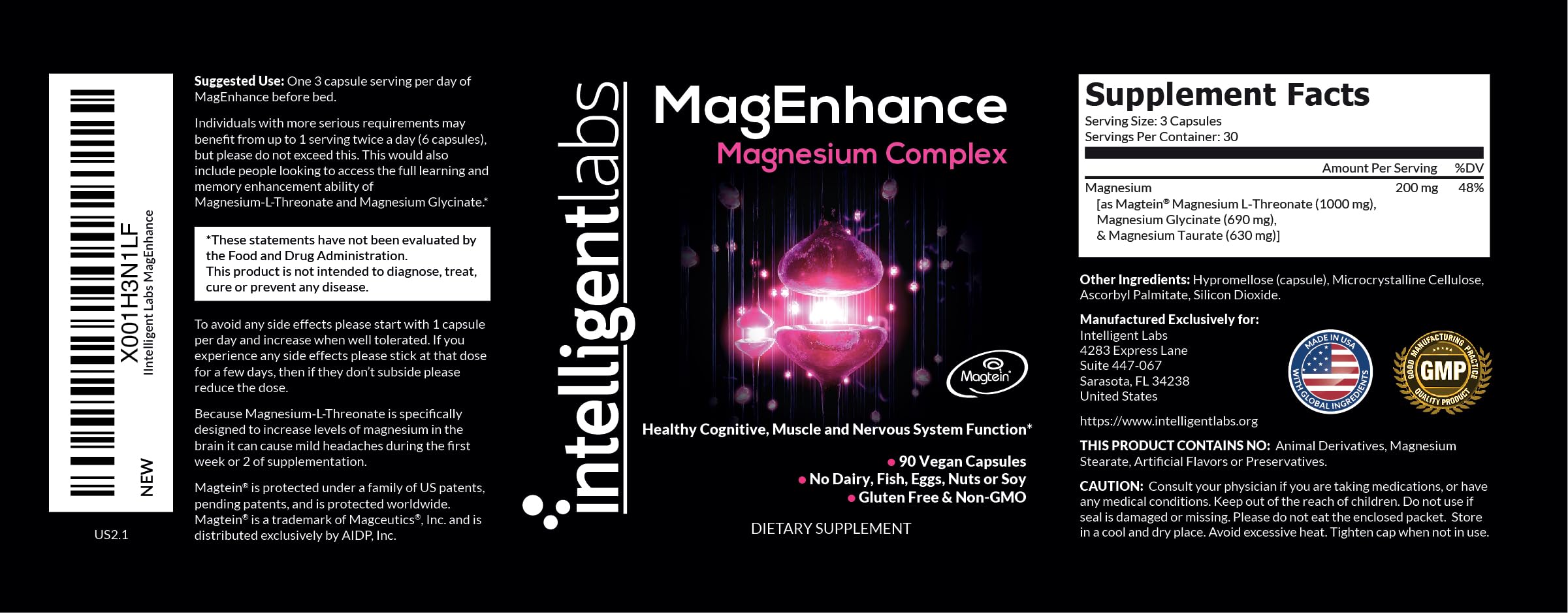 Intelligent Labs MagEnhance Magtein Magnesium Complex Supplement L-Threonate with Magnesium Glycinate and Taurate, 90 Capsules Intelligent Labs uk supplements